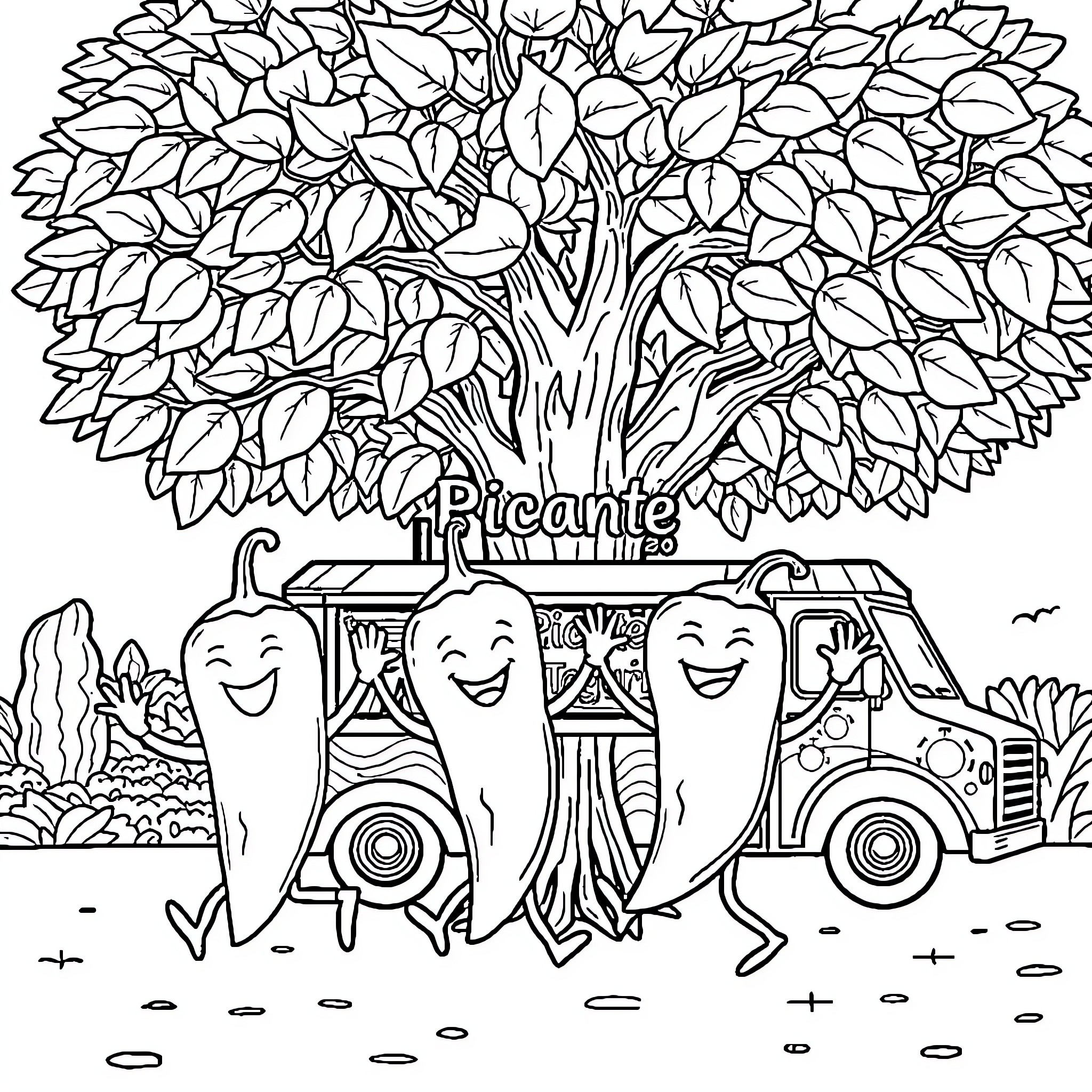 Chili Peppers Hitching a Ride in a Quirky Van Coloring Page (free black-and-white line drawing printable PDF for all, from beginners to advanced learners, including children, teens, adults, and seniors)