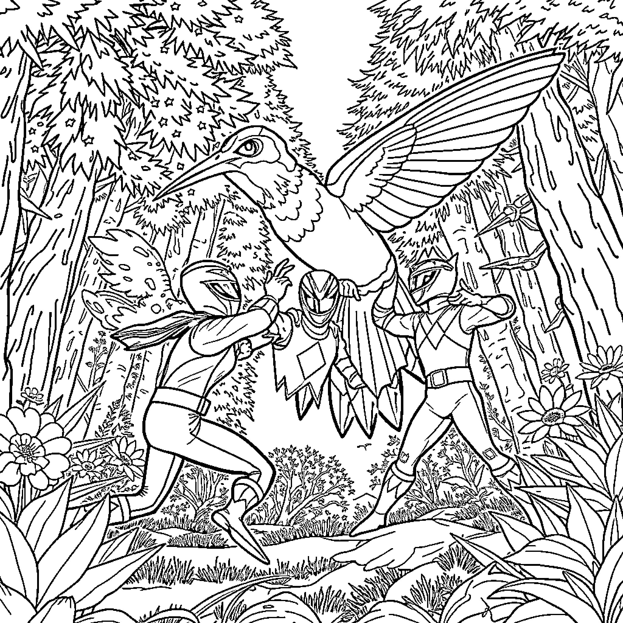 Power Rangers combat giant bird in enchanted forest Coloring Page (free black-and-white line drawing printable PDF for all, from beginners to advanced learners, including children, teens, adults, and seniors)