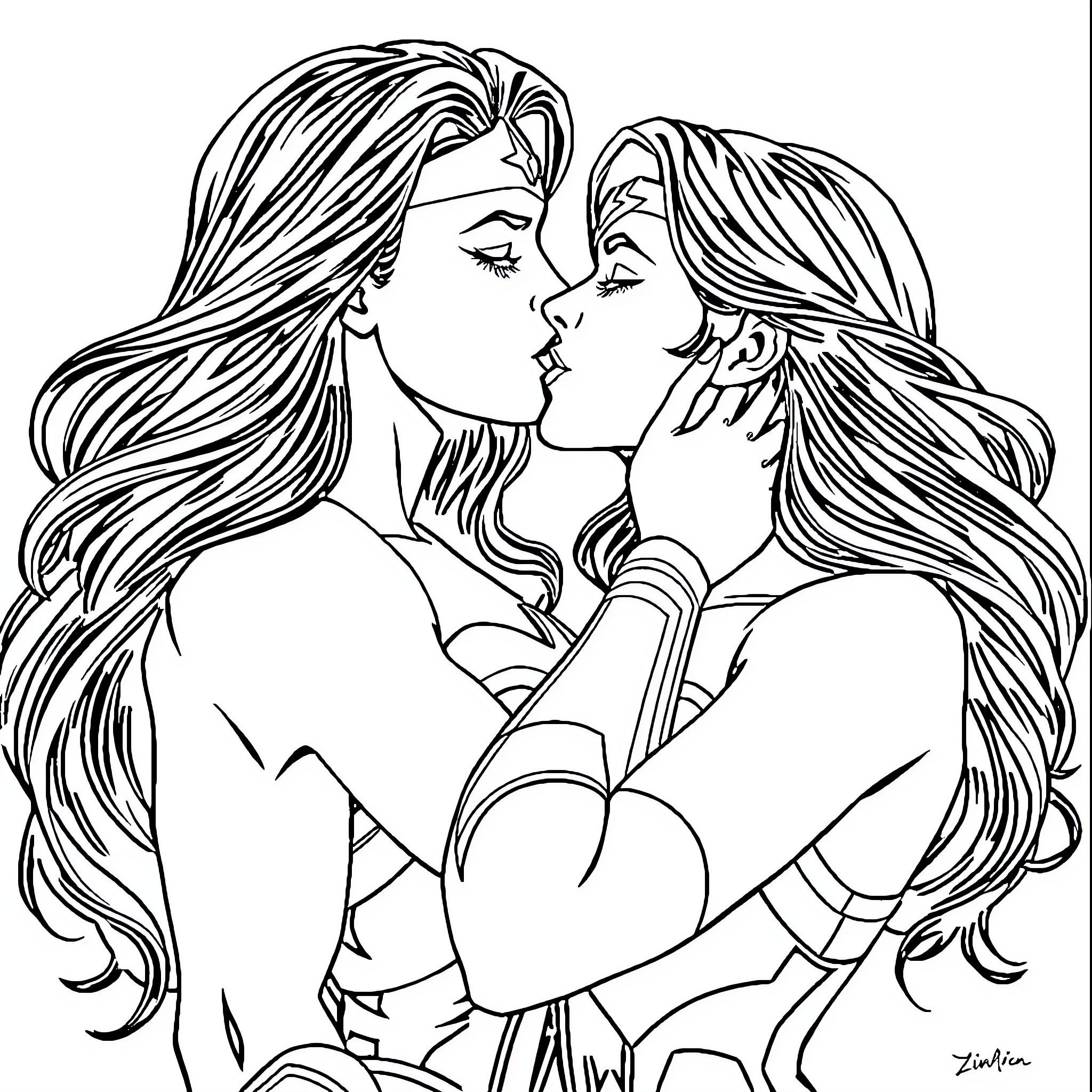 Wonder Woman's Tender Embrace Coloring Page (free black-and-white line drawing printable PDF for all, from beginners to advanced learners, including children, teens, adults, and seniors)