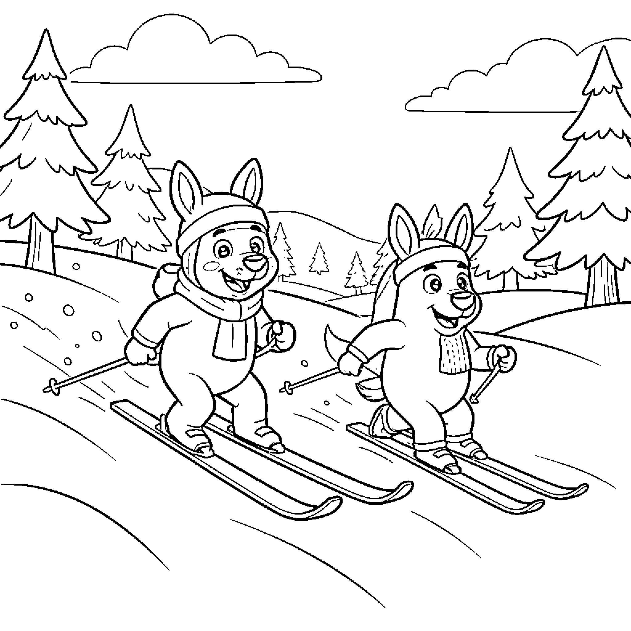 Bingo happy rabbits skiing down a snowy hill Coloring Page (free black-and-white line drawing printable PDF for all, from beginners to advanced learners, including children, teens, adults, and seniors)