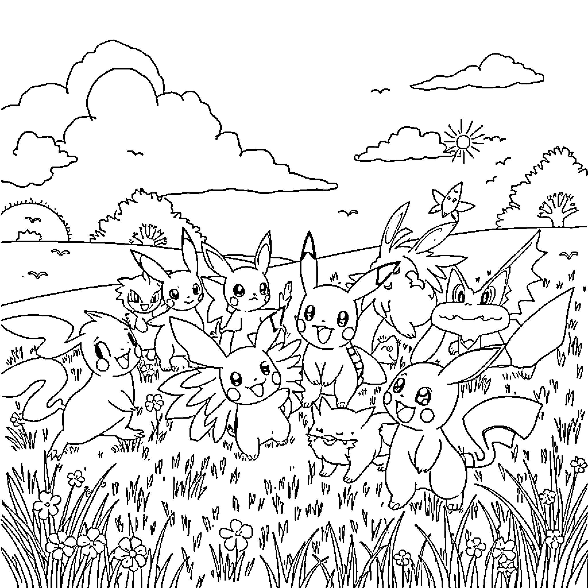 Pokémon gathering happily in the lush meadow Coloring Page (free black-and-white line drawing printable PDF for all, from beginners to advanced learners, including children, teens, adults, and seniors)