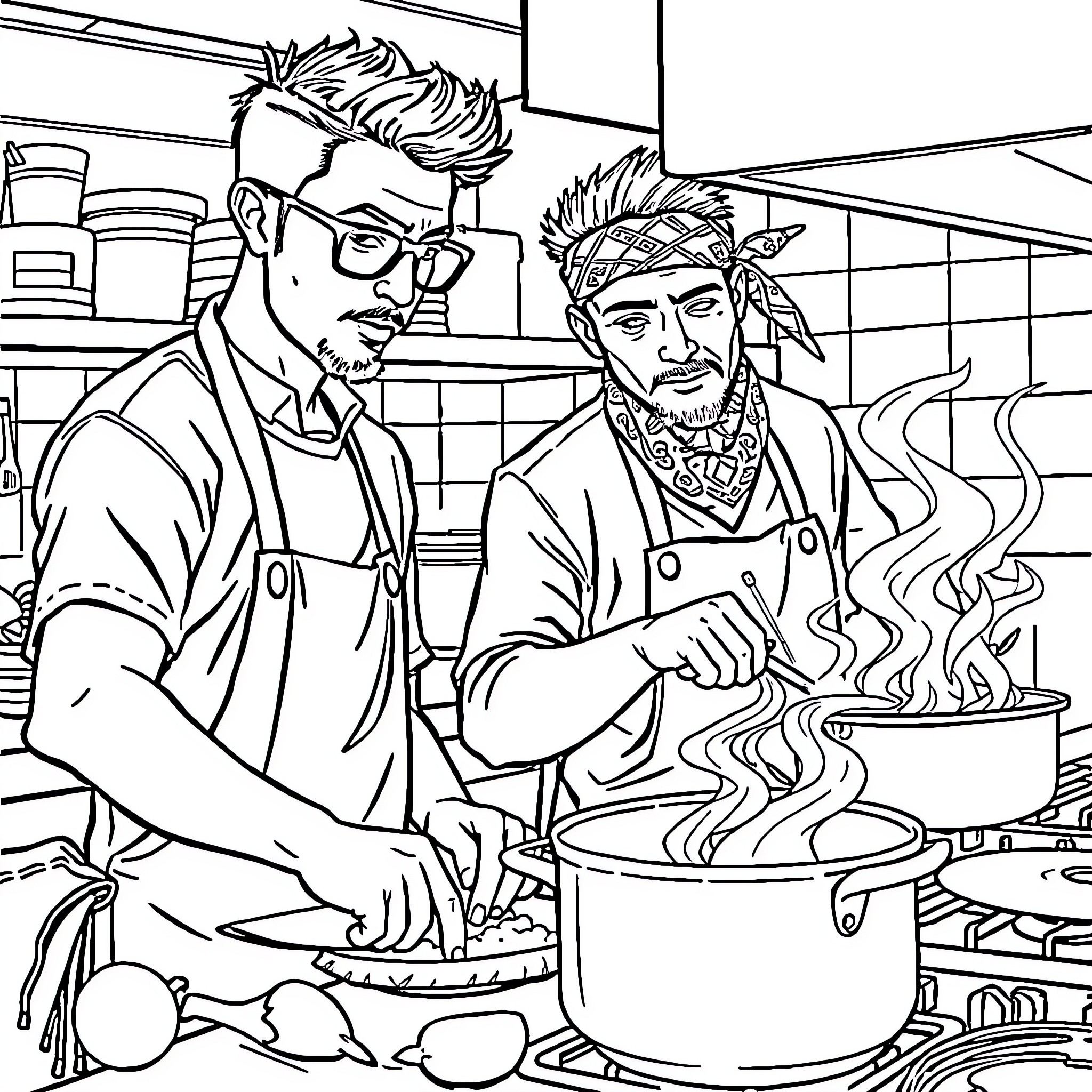 Chef friends cooking together in the kitchen Coloring Page (free black-and-white line drawing printable PDF for all, from beginners to advanced learners, including children, teens, adults, and seniors)