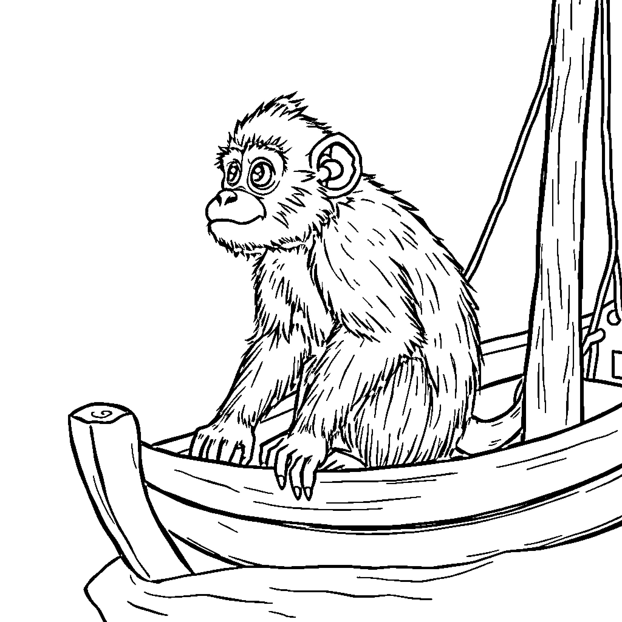 Monkey enjoying a boat ride Coloring Page (free black-and-white line drawing printable PDF for all, from beginners to advanced learners, including children, teens, adults, and seniors)