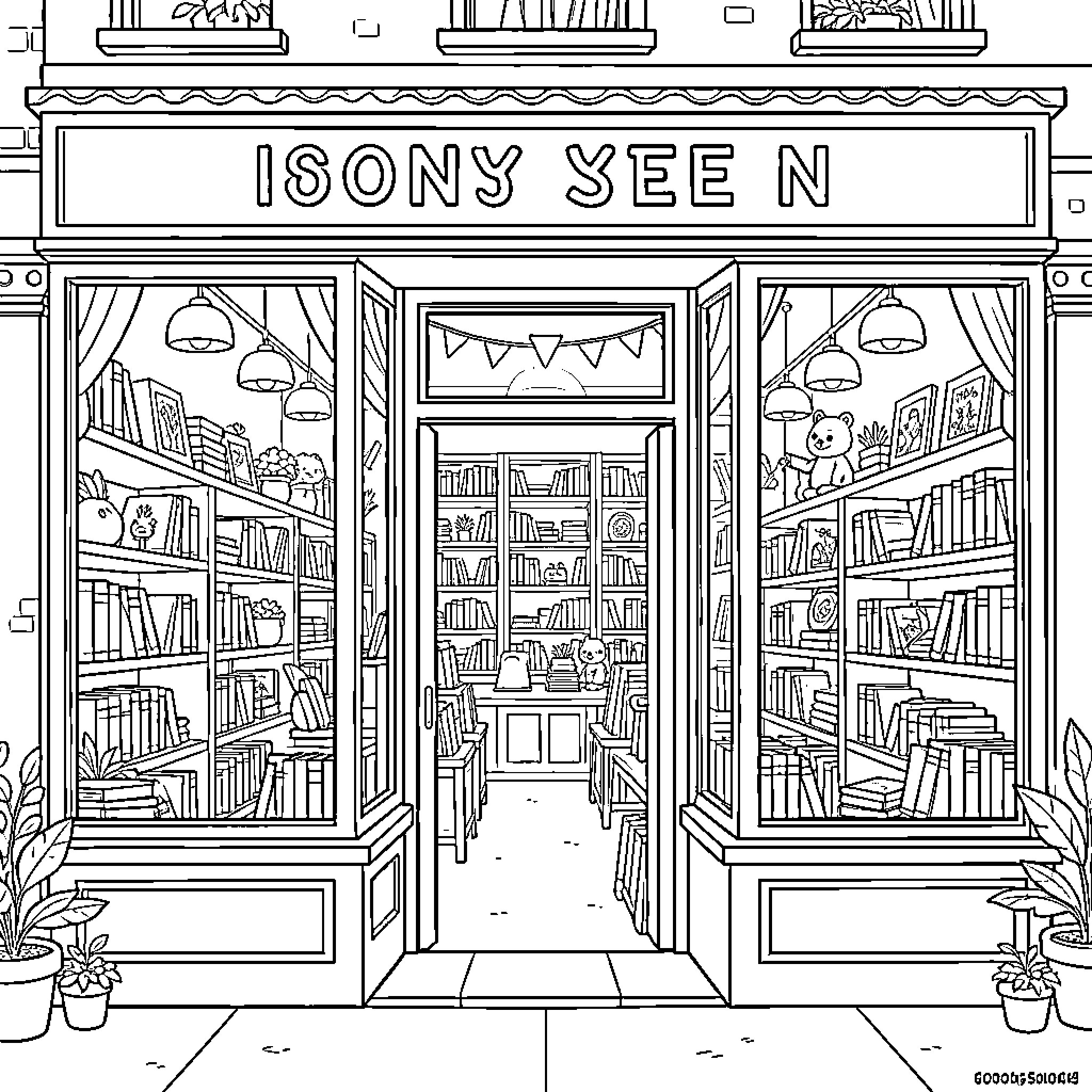 Librería: Bookshop with Cozy Interiors and Displays Coloring Page (free black-and-white line drawing printable PDF for all, from beginners to advanced learners, including children, teens, adults, and seniors)