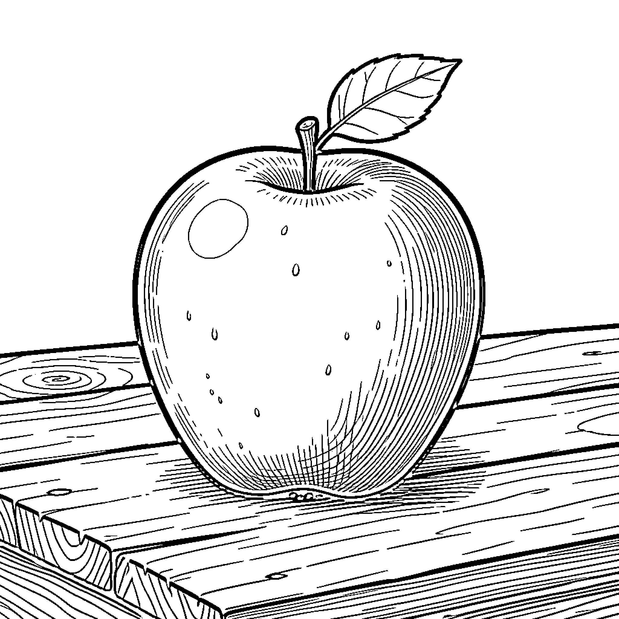 Apple resting on wooden surface Coloring Page (free black-and-white line drawing printable PDF for all, from beginners to advanced learners, including children, teens, adults, and seniors)