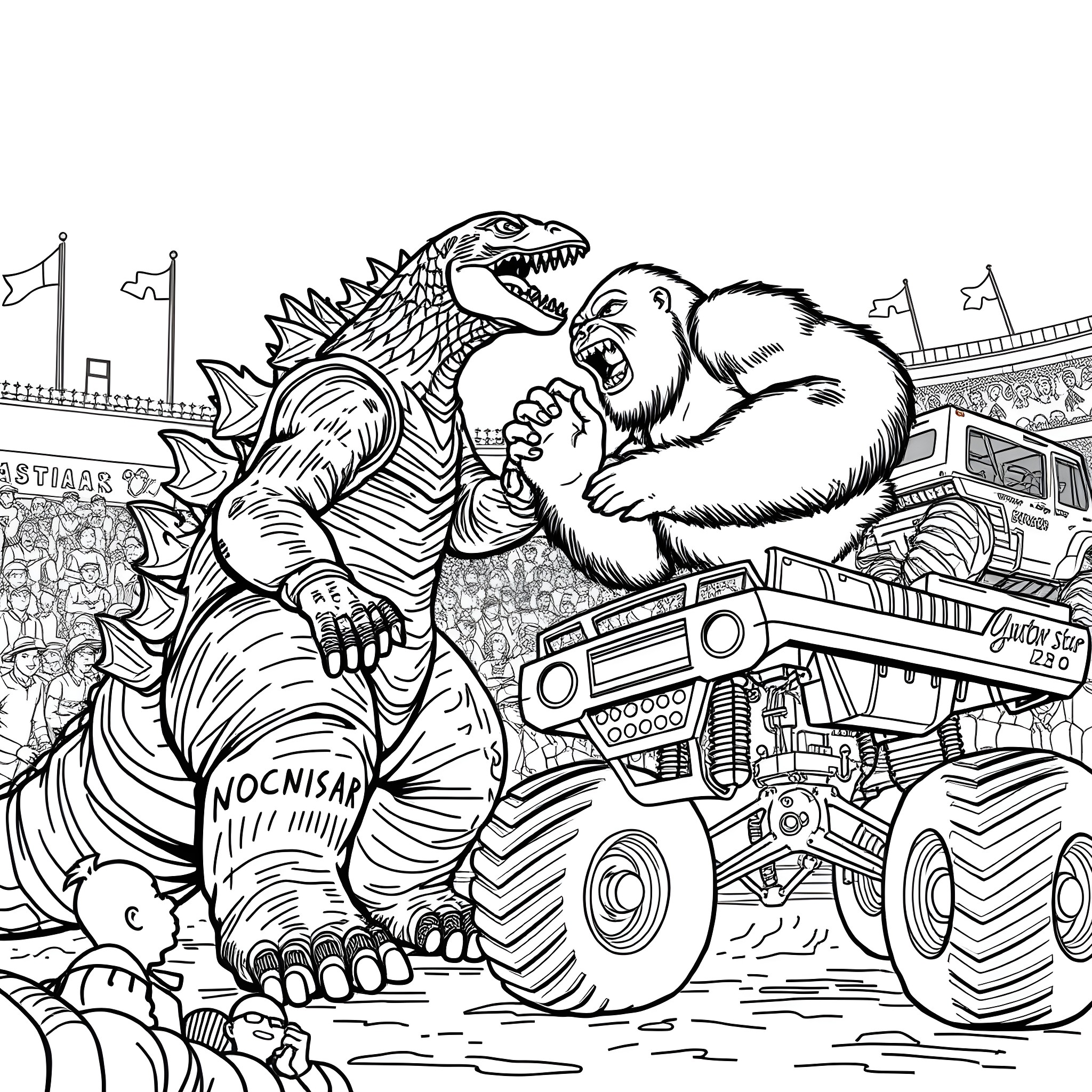 Godzilla in an epic monster truck battle Coloring Page (free black-and-white line drawing printable PDF for all, from beginners to advanced learners, including children, teens, adults, and seniors)