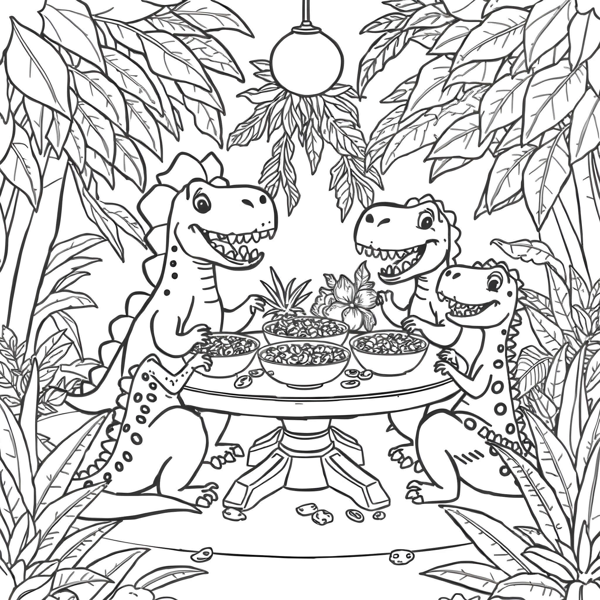 Dinosaur friends enjoying a festive dinner in the forest Coloring Page (free black-and-white line drawing printable PDF for all, from beginners to advanced learners, including children, teens, adults, and seniors)