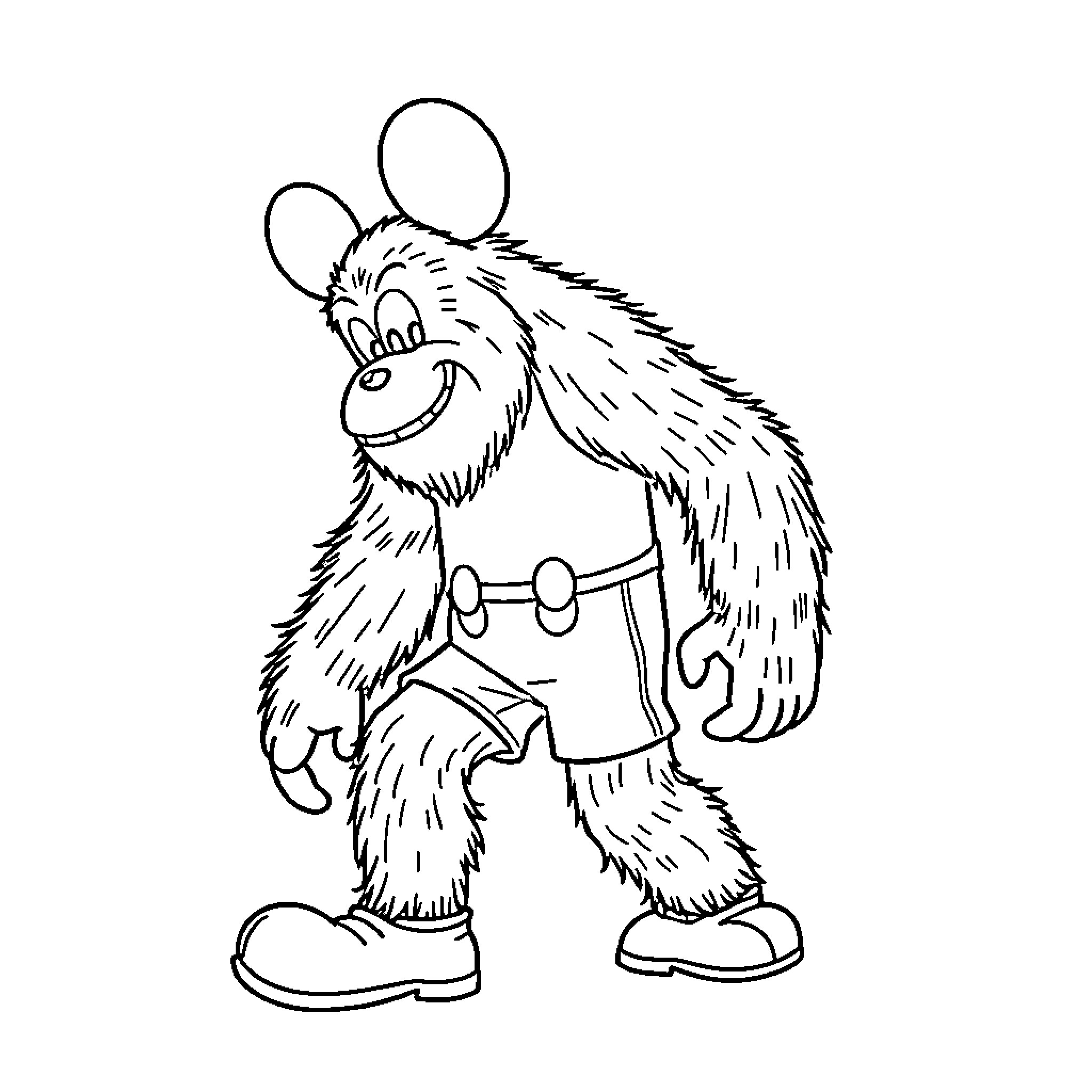 Bigfoot wearing comical outfit in cartoon style Coloring Page (free black-and-white line drawing printable PDF for all, from beginners to advanced learners, including children, teens, adults, and seniors)
