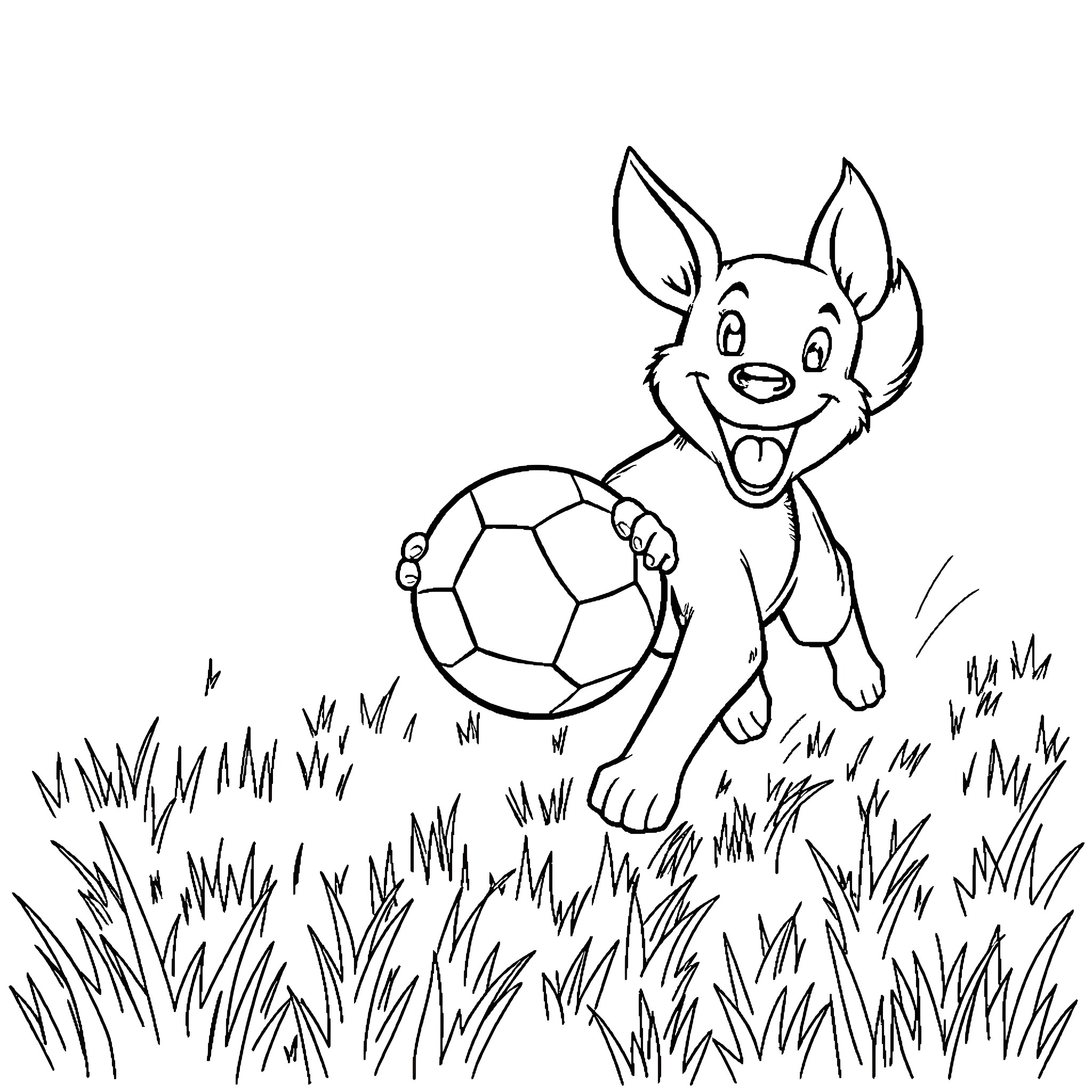 Dog playing with soccer ball in grassy field Coloring Page (free black-and-white line drawing printable PDF for all, from beginners to advanced learners, including children, teens, adults, and seniors)