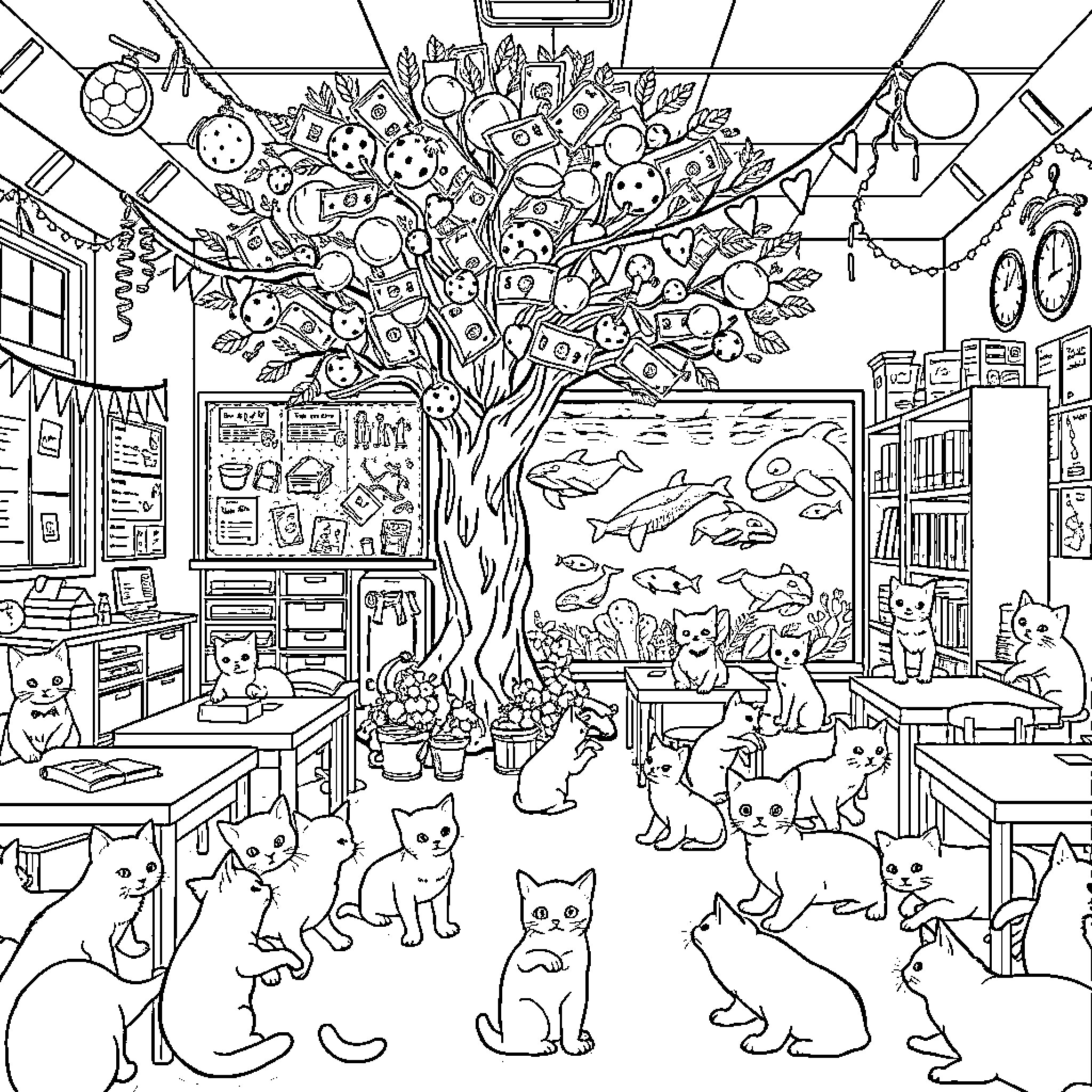 Classroom Full of Playful and Imaginative Elements Coloring Page (free black-and-white line drawing printable PDF for all, from beginners to advanced learners, including children, teens, adults, and seniors)