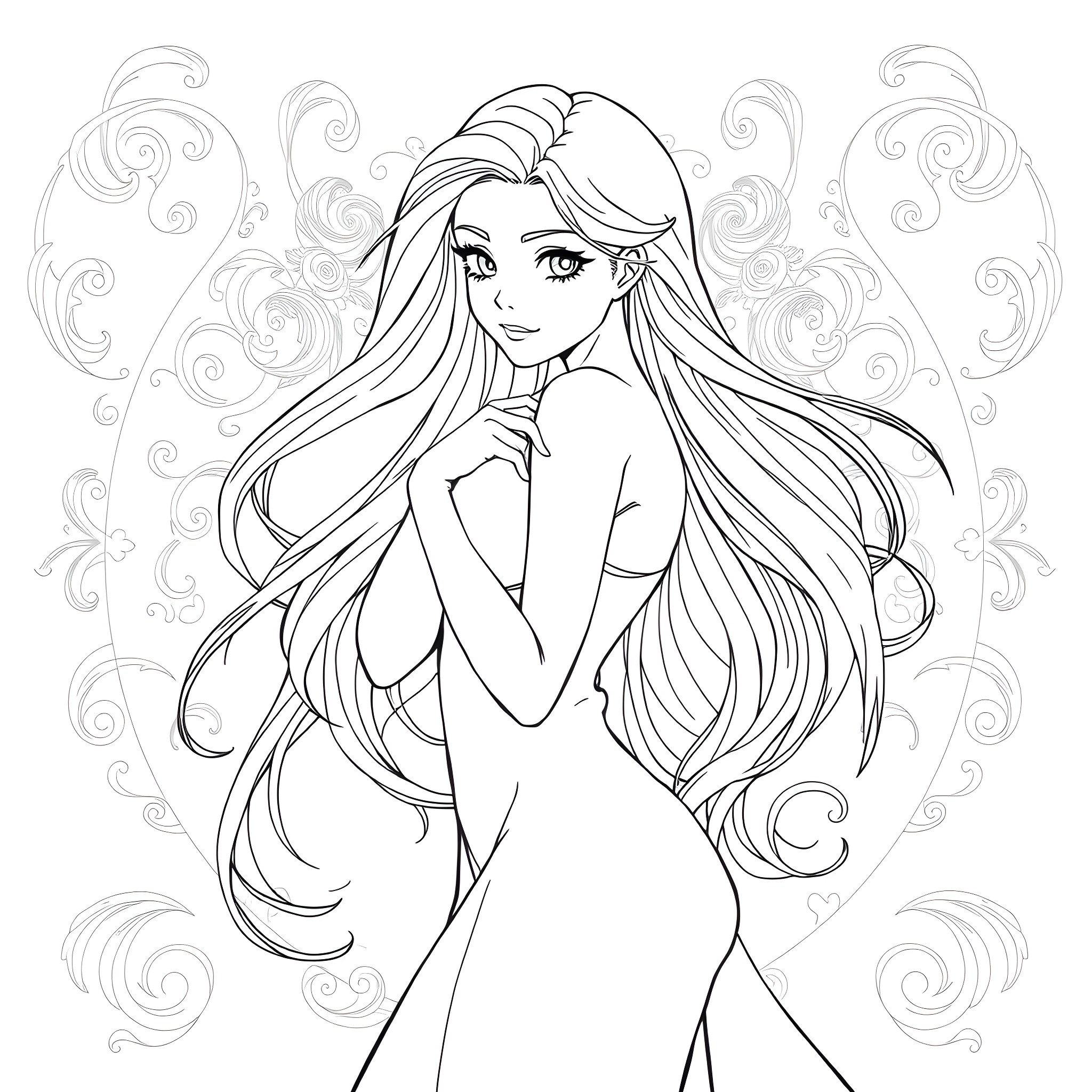 Woman with long flowing hair in a graceful pose Coloring Page (free black-and-white line drawing printable PDF for all, from beginners to advanced learners, including children, teens, adults, and seniors)