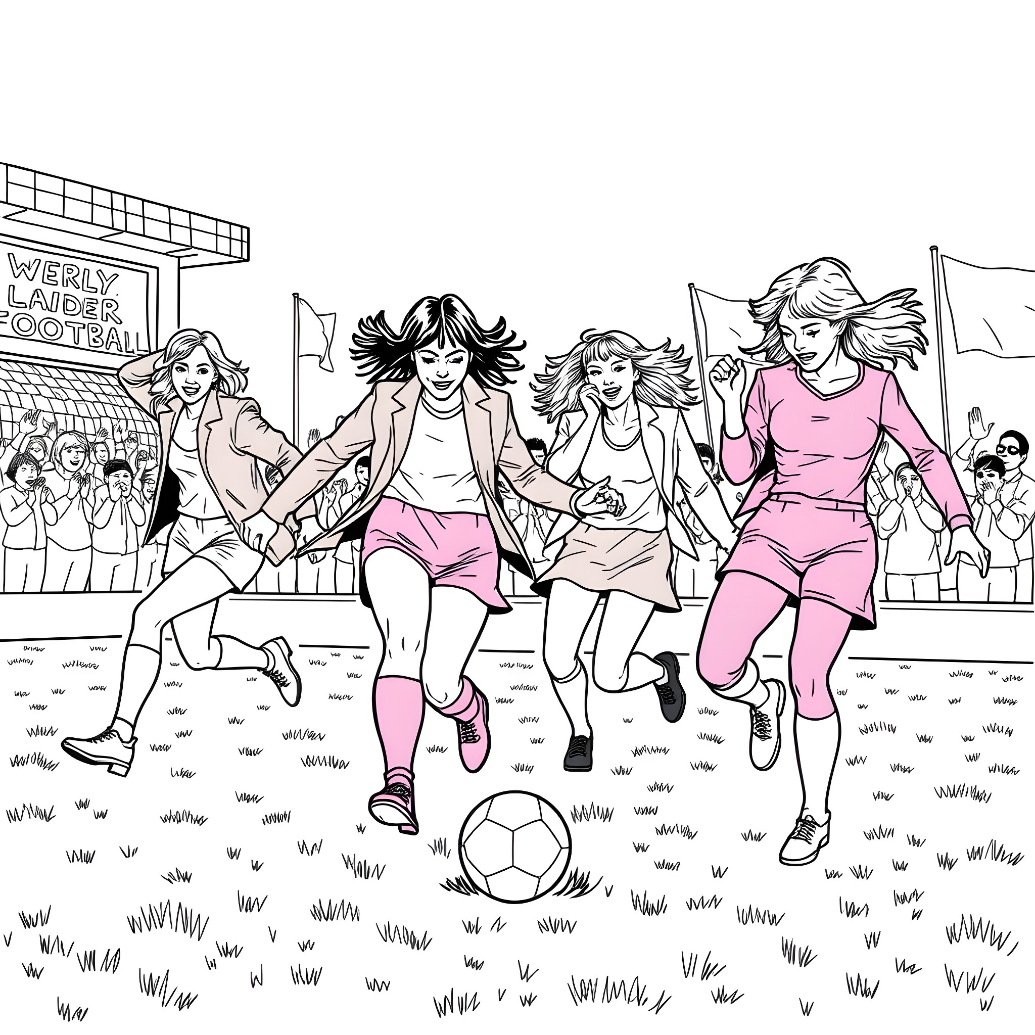 Spicegirls playing soccer with energy and enthusiasm Coloring Page (free black-and-white line drawing printable PDF for all, from beginners to advanced learners, including children, teens, adults, and seniors)