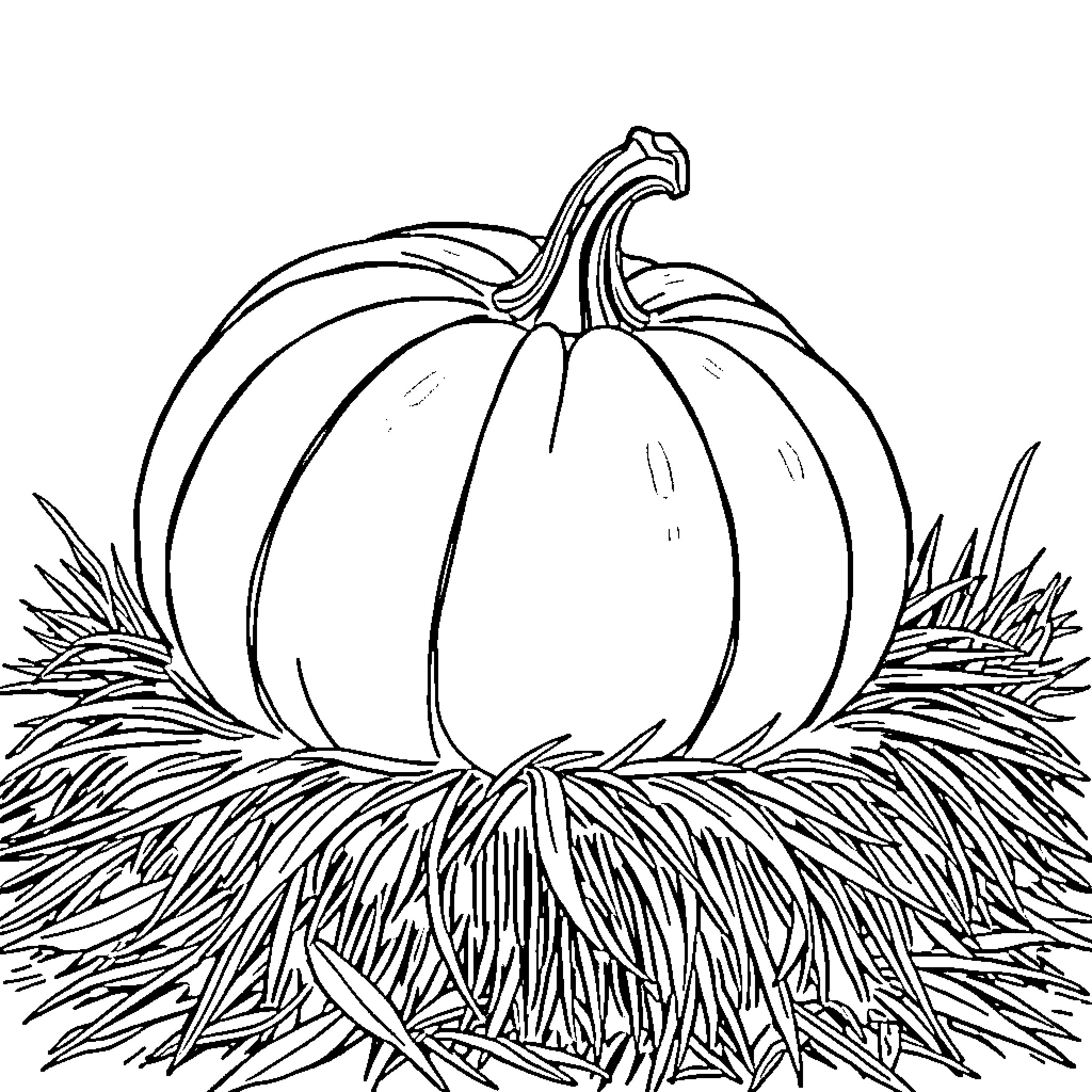 Pumpkin sitting on a bed of hay Coloring Page (free black-and-white line drawing printable PDF for all, from beginners to advanced learners, including children, teens, adults, and seniors)