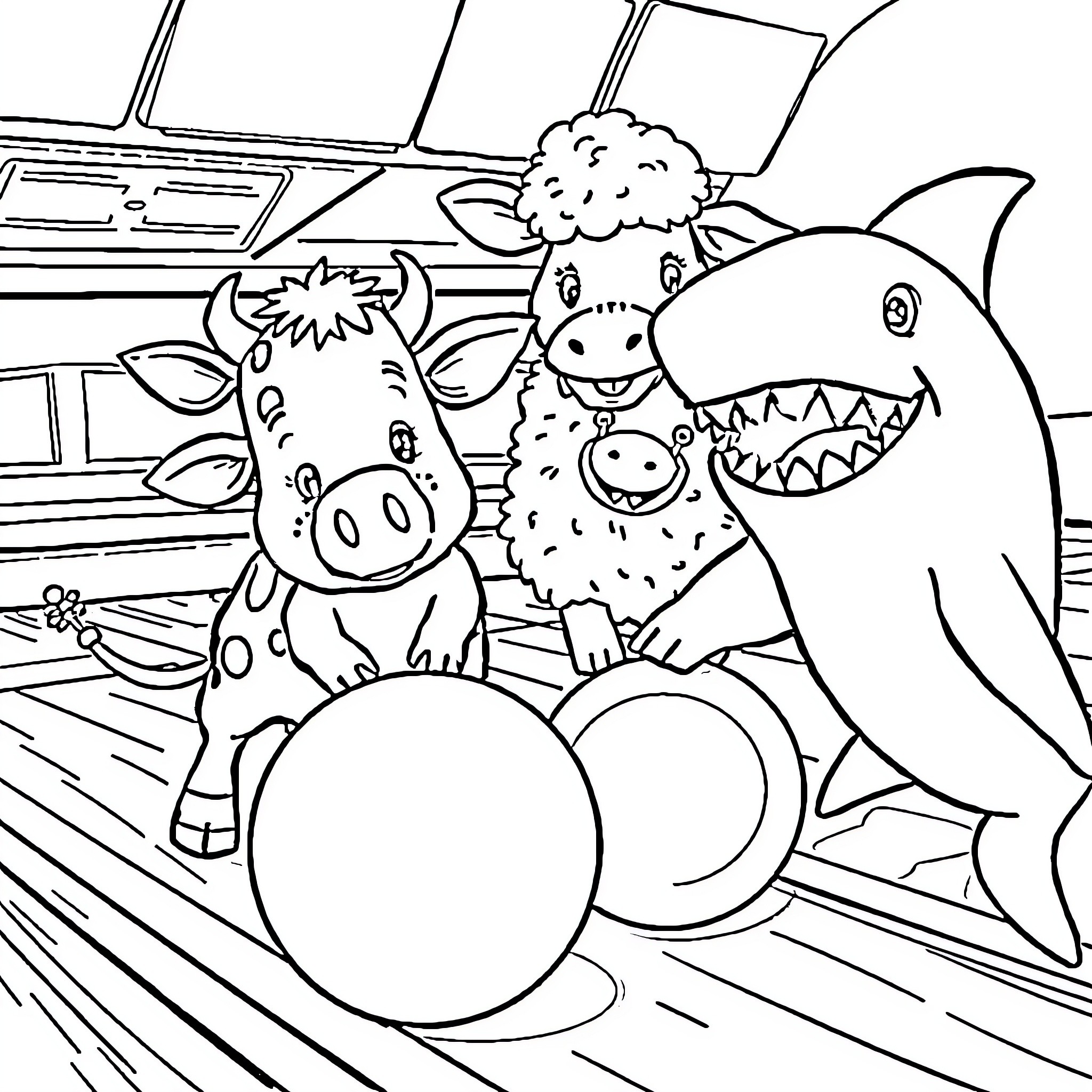 Animal friends playing and exploring indoors Coloring Page (free black-and-white line drawing printable PDF for all, from beginners to advanced learners, including children, teens, adults, and seniors)