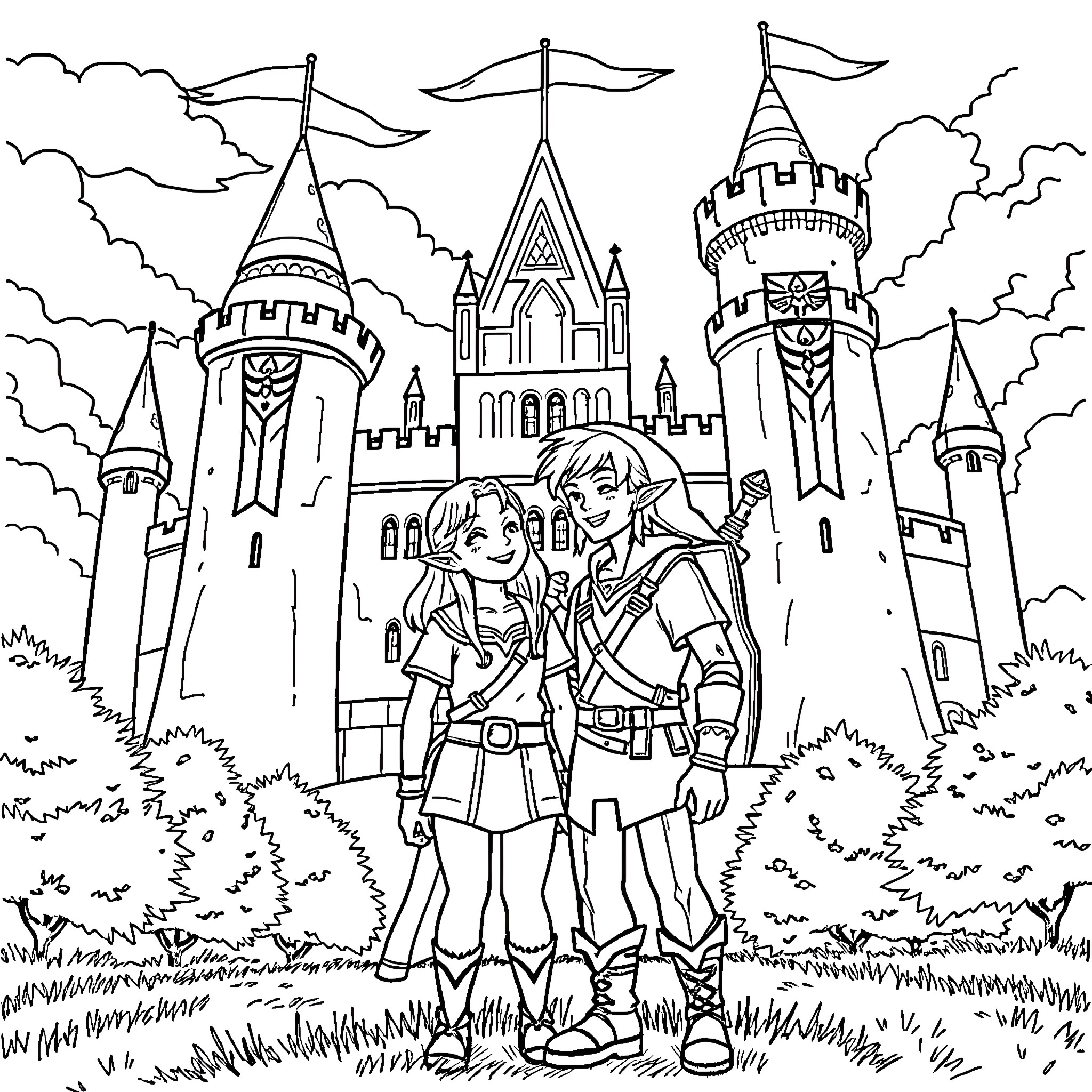 Zelda: Young Heroes at the Castle Coloring Page (free black-and-white line drawing printable PDF for all, from beginners to advanced learners, including children, teens, adults, and seniors)