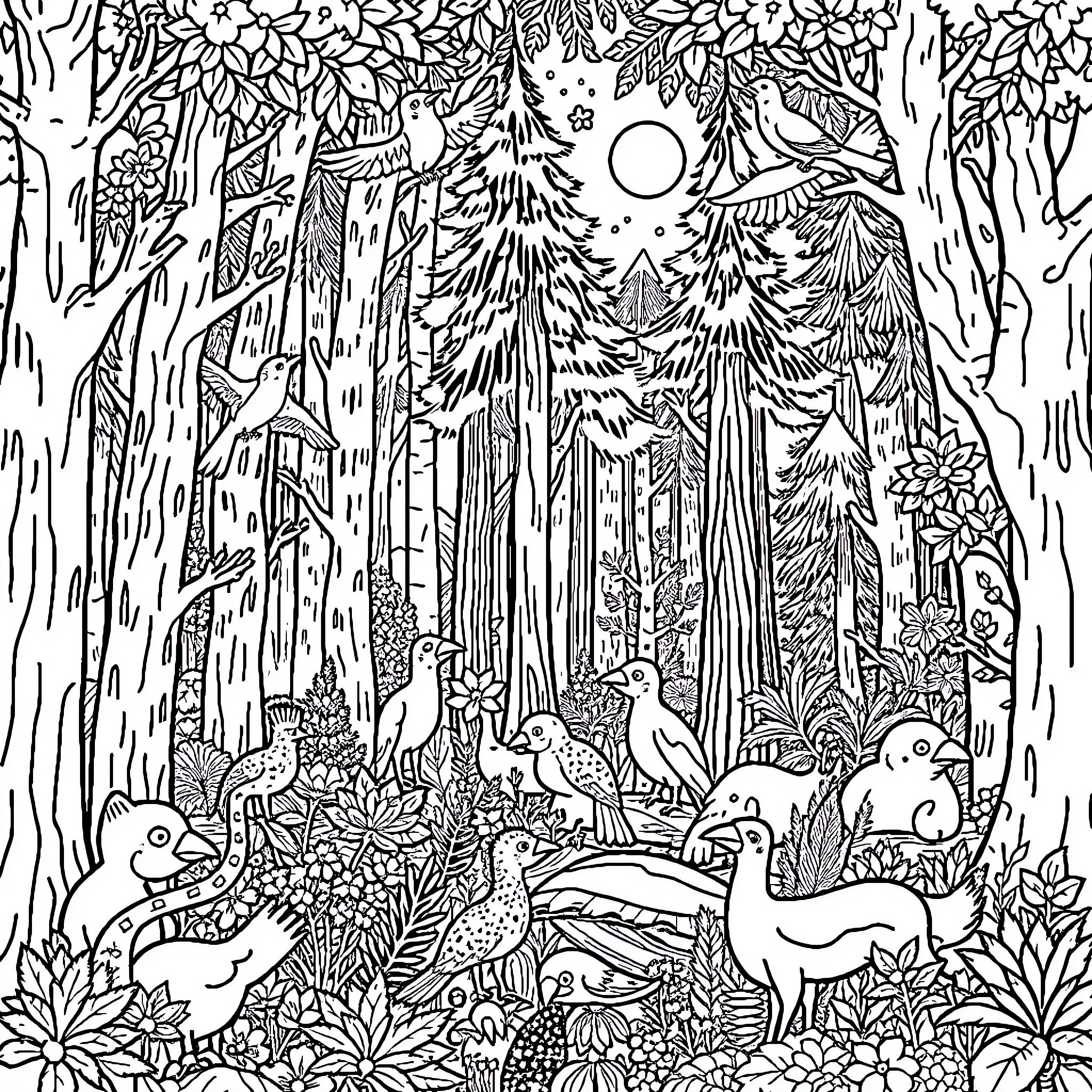 Forest creatures in a magical woodland scene Coloring Page (free black-and-white line drawing printable PDF for all, from beginners to advanced learners, including children, teens, adults, and seniors)