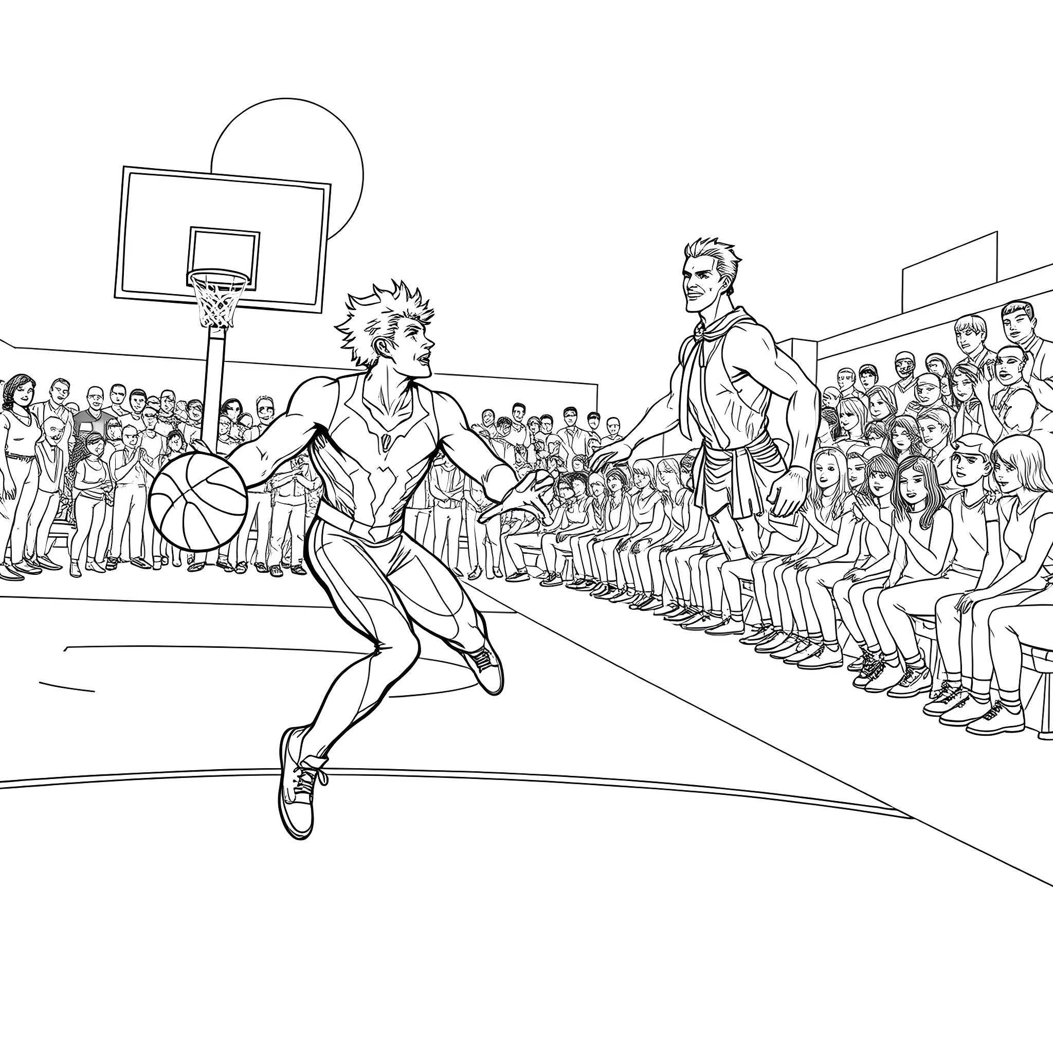 Gambit: Basketball Stars Showcase their Skills Coloring Page (free black-and-white line drawing printable PDF for all, from beginners to advanced learners, including children, teens, adults, and seniors)