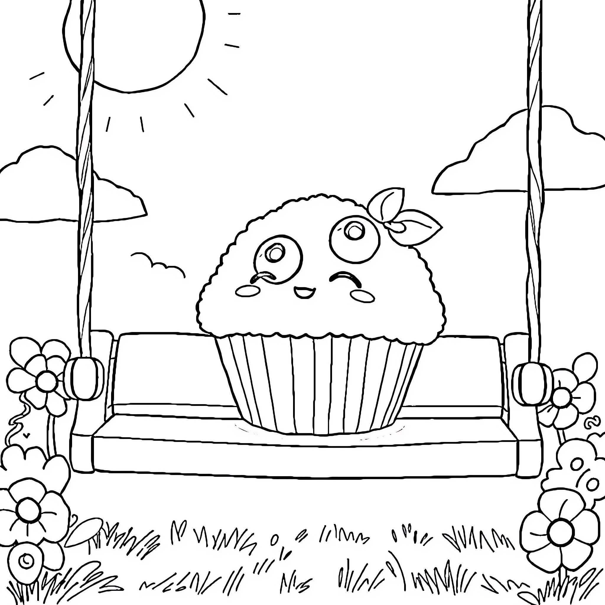 Blueberry Muffin enjoying a sunny day on a swing Coloring Page (free black-and-white line drawing printable PDF for all, from beginners to advanced learners, including children, teens, adults, and seniors)