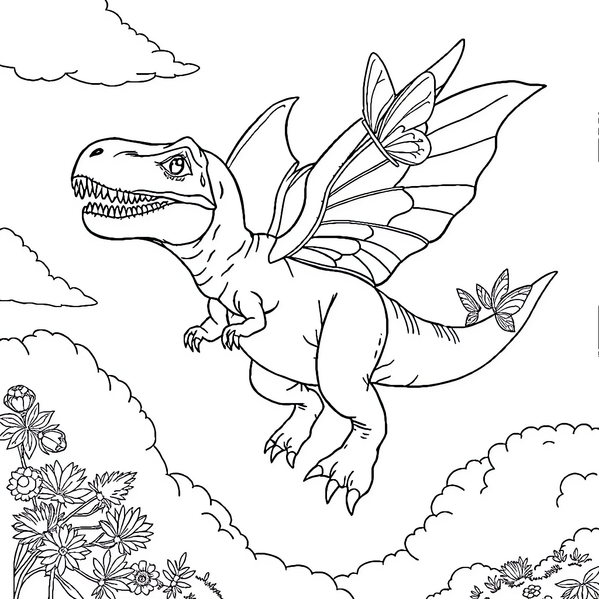 Trex with butterfly wings flying over flowers Coloring Page (free black-and-white line drawing printable PDF for all, from beginners to advanced learners, including children, teens, adults, and seniors)