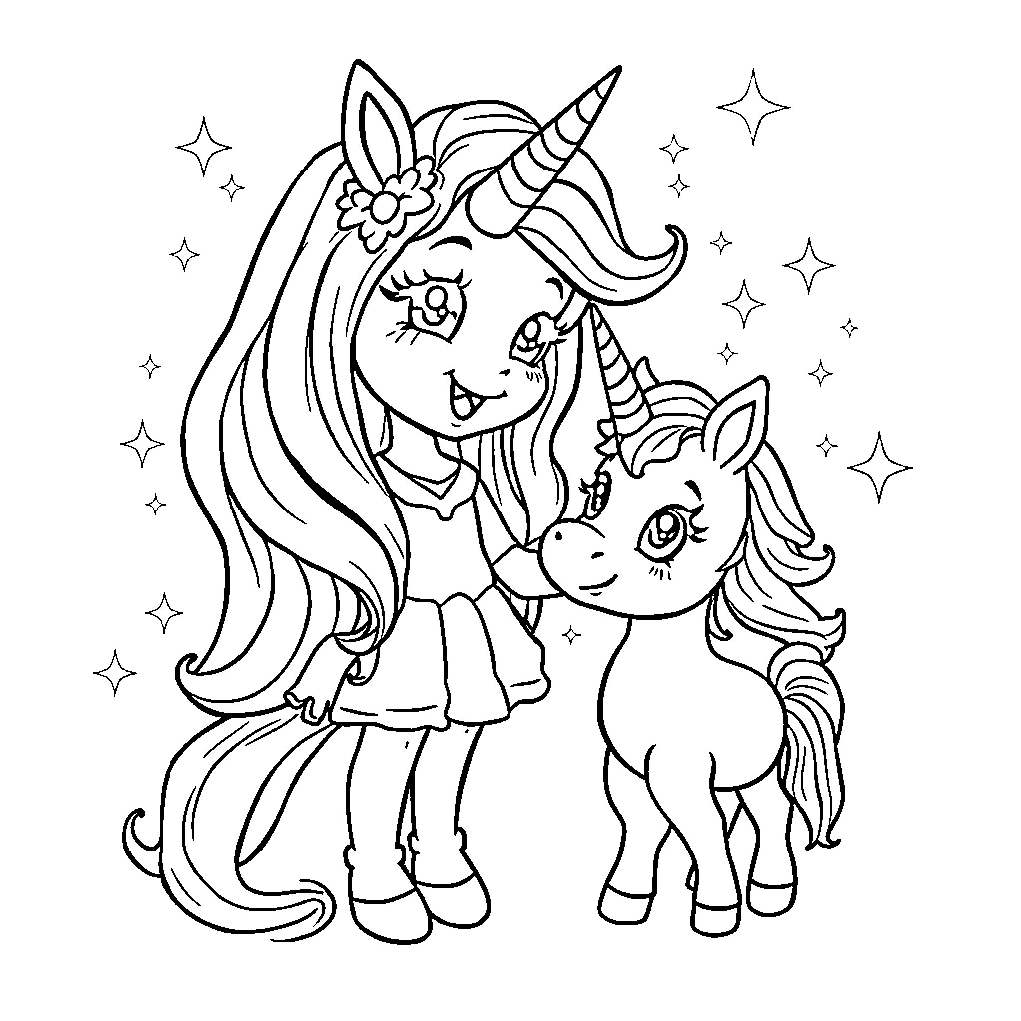 Gabbie and her unicorn friend in a starry night Coloring Page (free black-and-white line drawing printable PDF for all, from beginners to advanced learners, including children, teens, adults, and seniors)