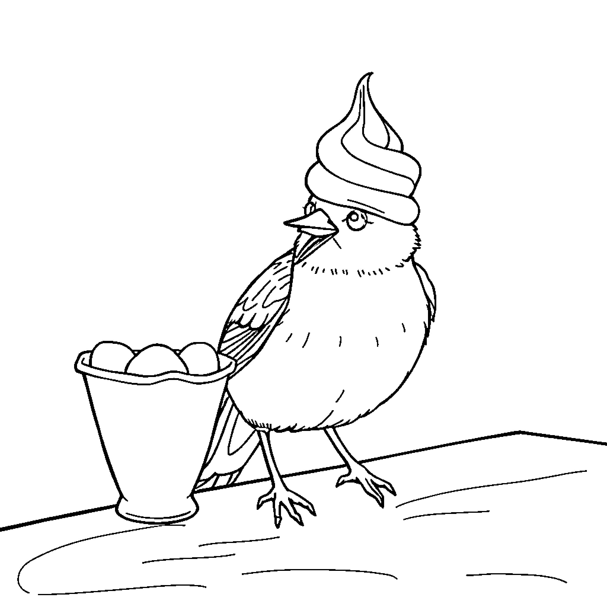 Bird enjoying a delicious ice cream sundae Coloring Page (free black-and-white line drawing printable PDF for all, from beginners to advanced learners, including children, teens, adults, and seniors)