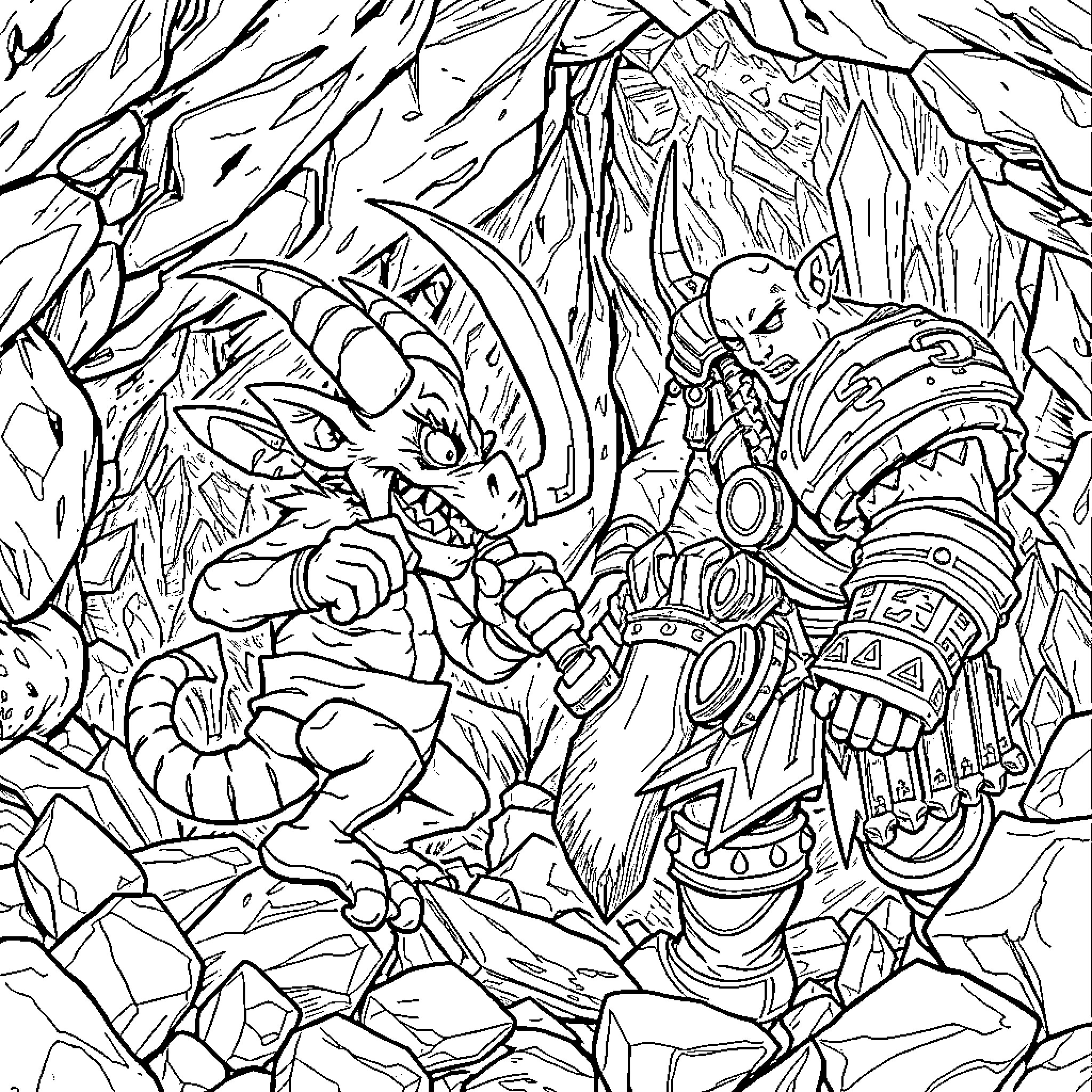 Kobold Warrior Confronting a Menacing Creature Coloring Page (free black-and-white line drawing printable PDF for all, from beginners to advanced learners, including children, teens, adults, and seniors)