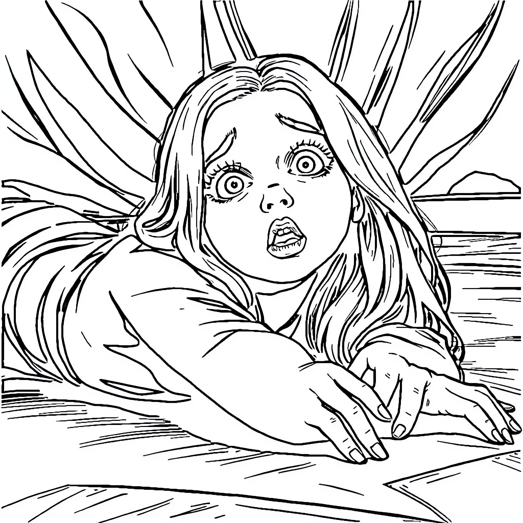Sabrina Carpenter in a Surreal Scene Coloring Page (free black-and-white line drawing printable PDF for all, from beginners to advanced learners, including children, teens, adults, and seniors)