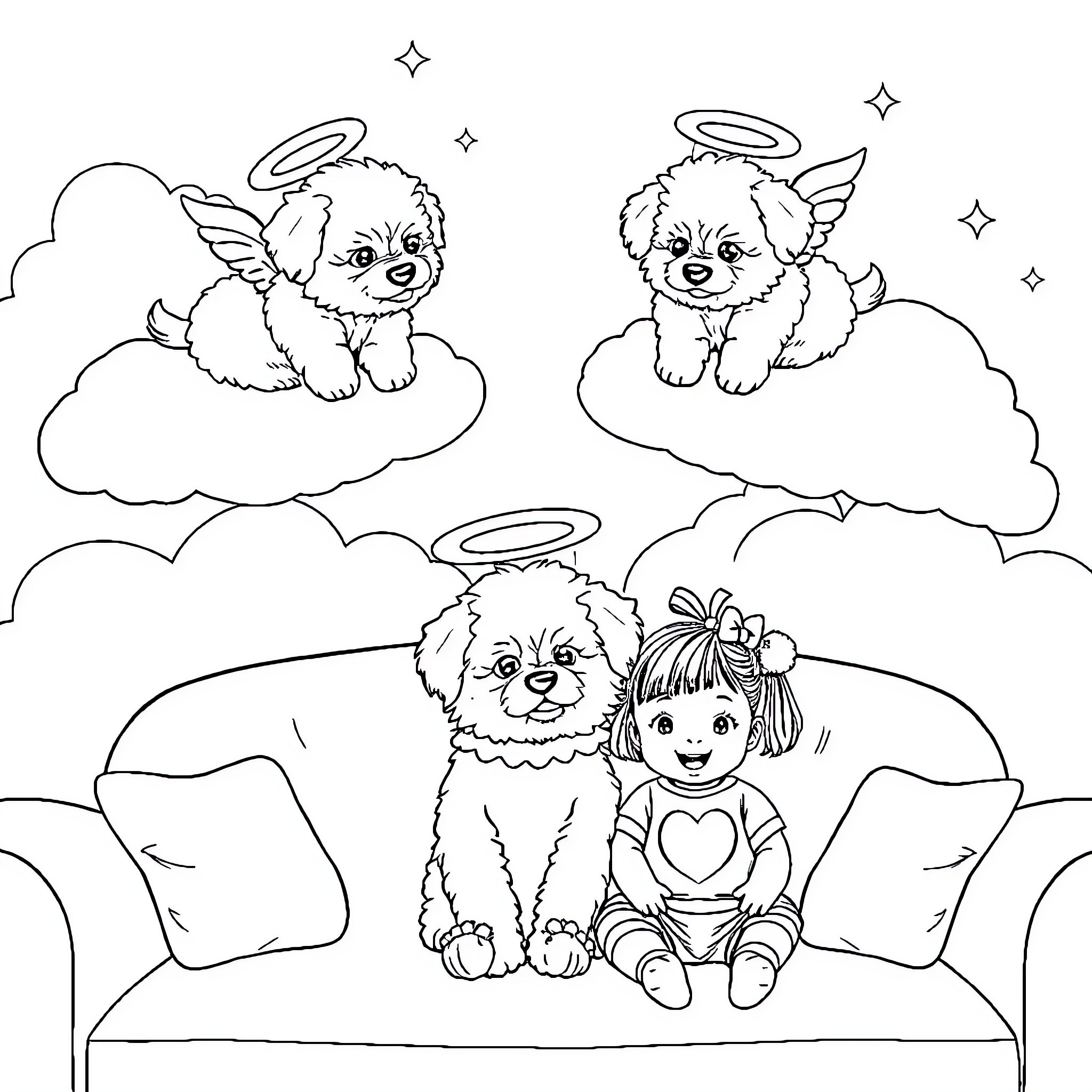 Bichon Frise angels playing on clouds Coloring Page (free black-and-white line drawing printable PDF for all, from beginners to advanced learners, including children, teens, adults, and seniors)