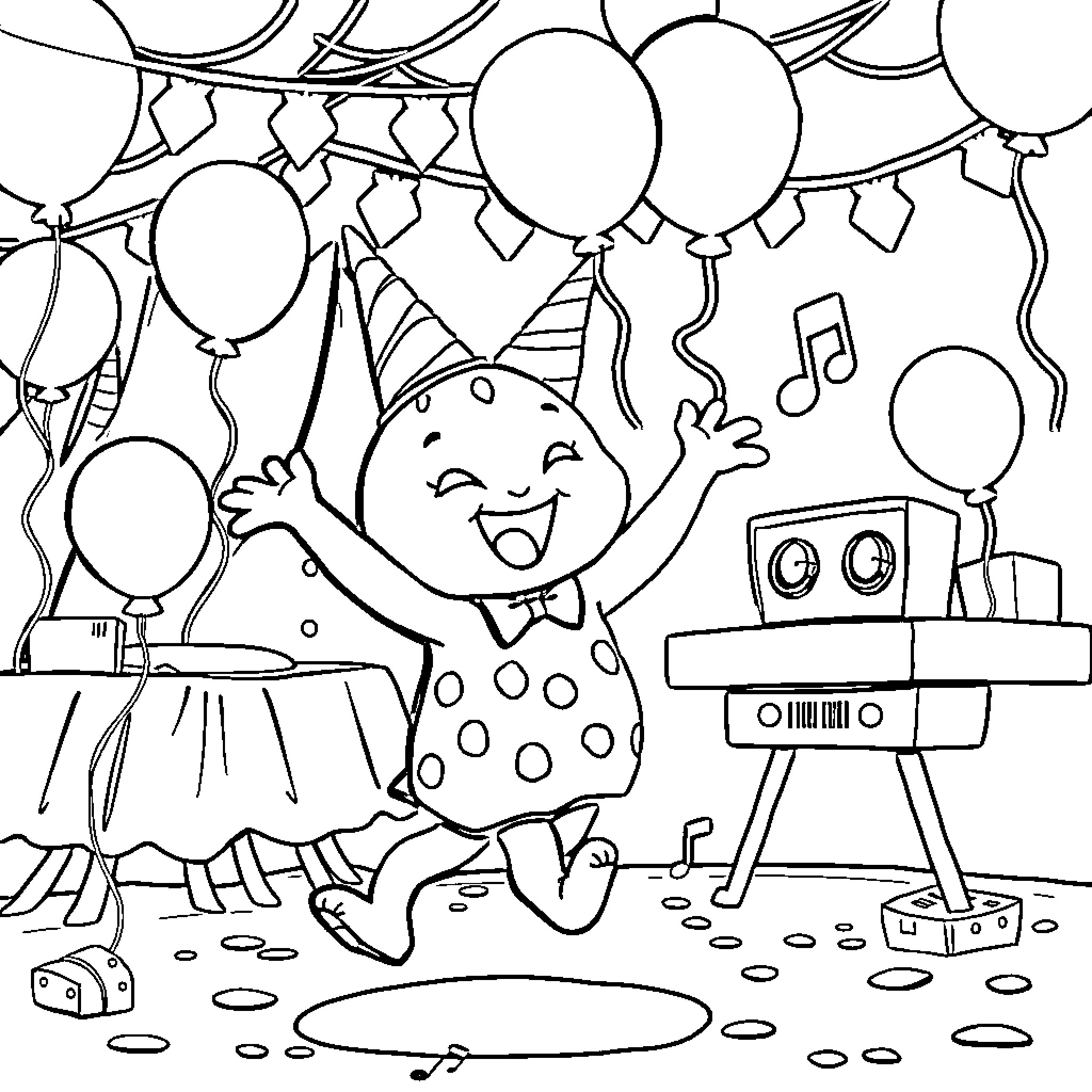 Labubu's Joyous Birthday Party Coloring Page (free black-and-white line drawing printable PDF for all, from beginners to advanced learners, including children, teens, adults, and seniors)