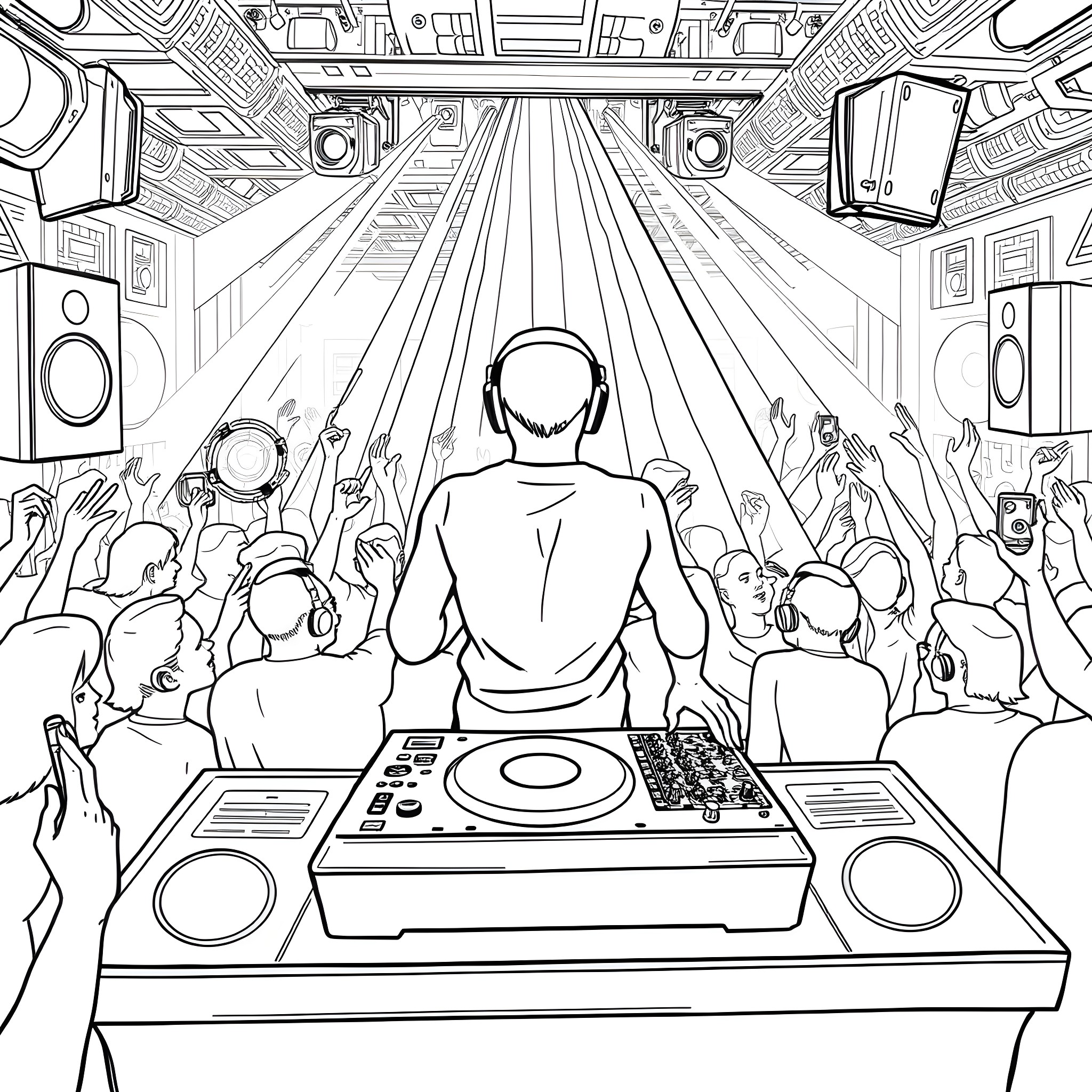DJ Commanding the Dance Floor at a Lively Concert Coloring Page (free black-and-white line drawing printable PDF for all, from beginners to advanced learners, including children, teens, adults, and seniors)