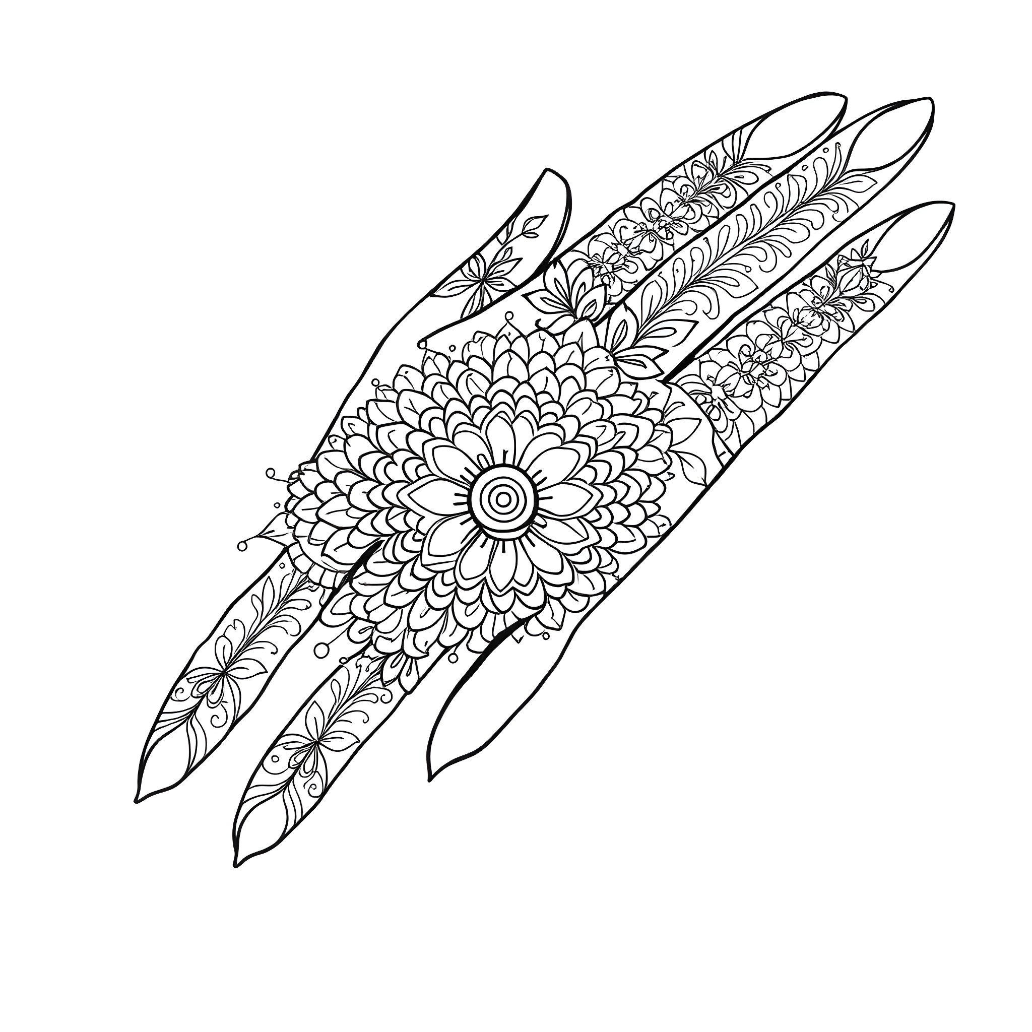 Henna Inspired Floral Hand Design Coloring Page (free black-and-white line drawing printable PDF for all, from beginners to advanced learners, including children, teens, adults, and seniors)