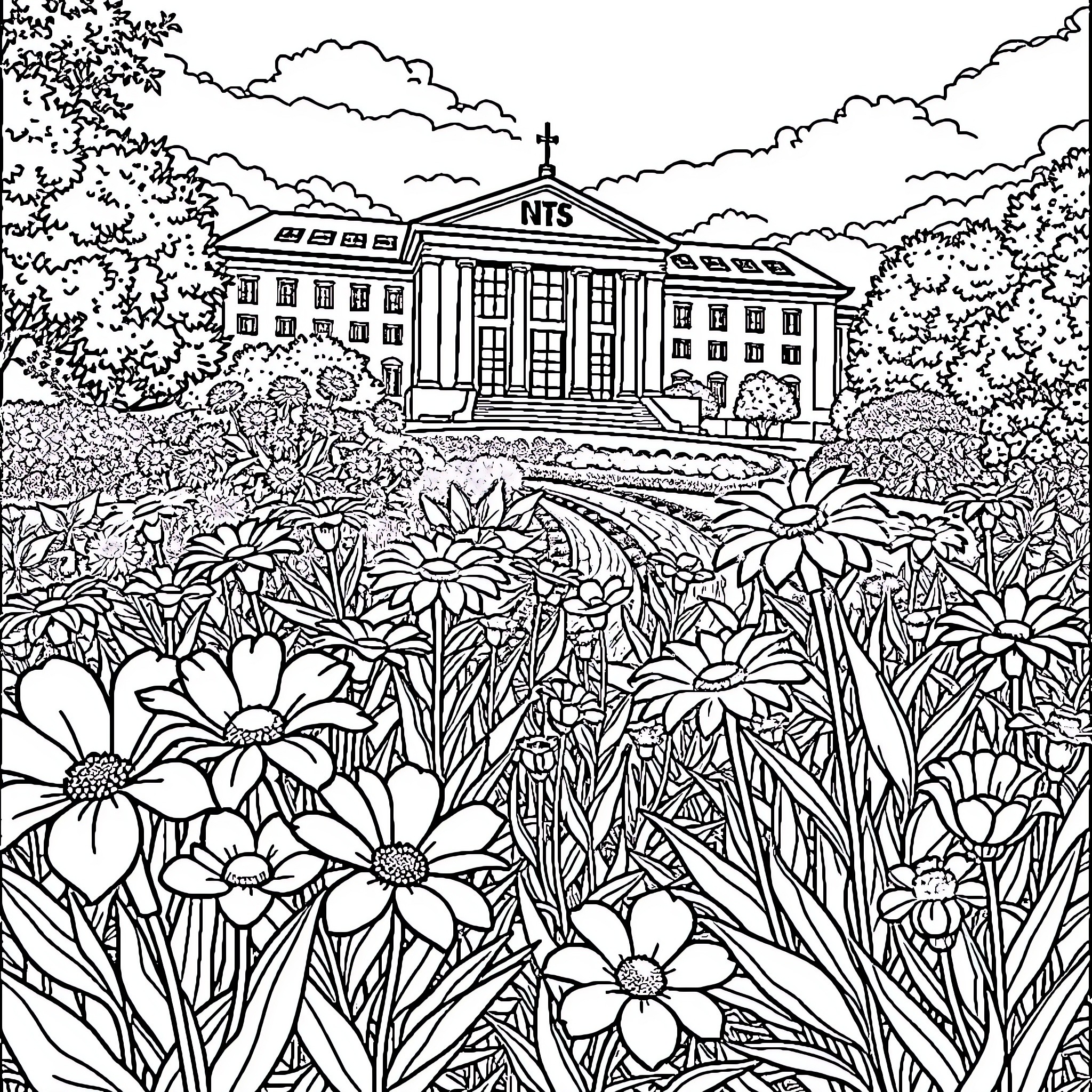 Flower Garden with University Building Coloring Page (free black-and-white line drawing printable PDF for all, from beginners to advanced learners, including children, teens, adults, and seniors)