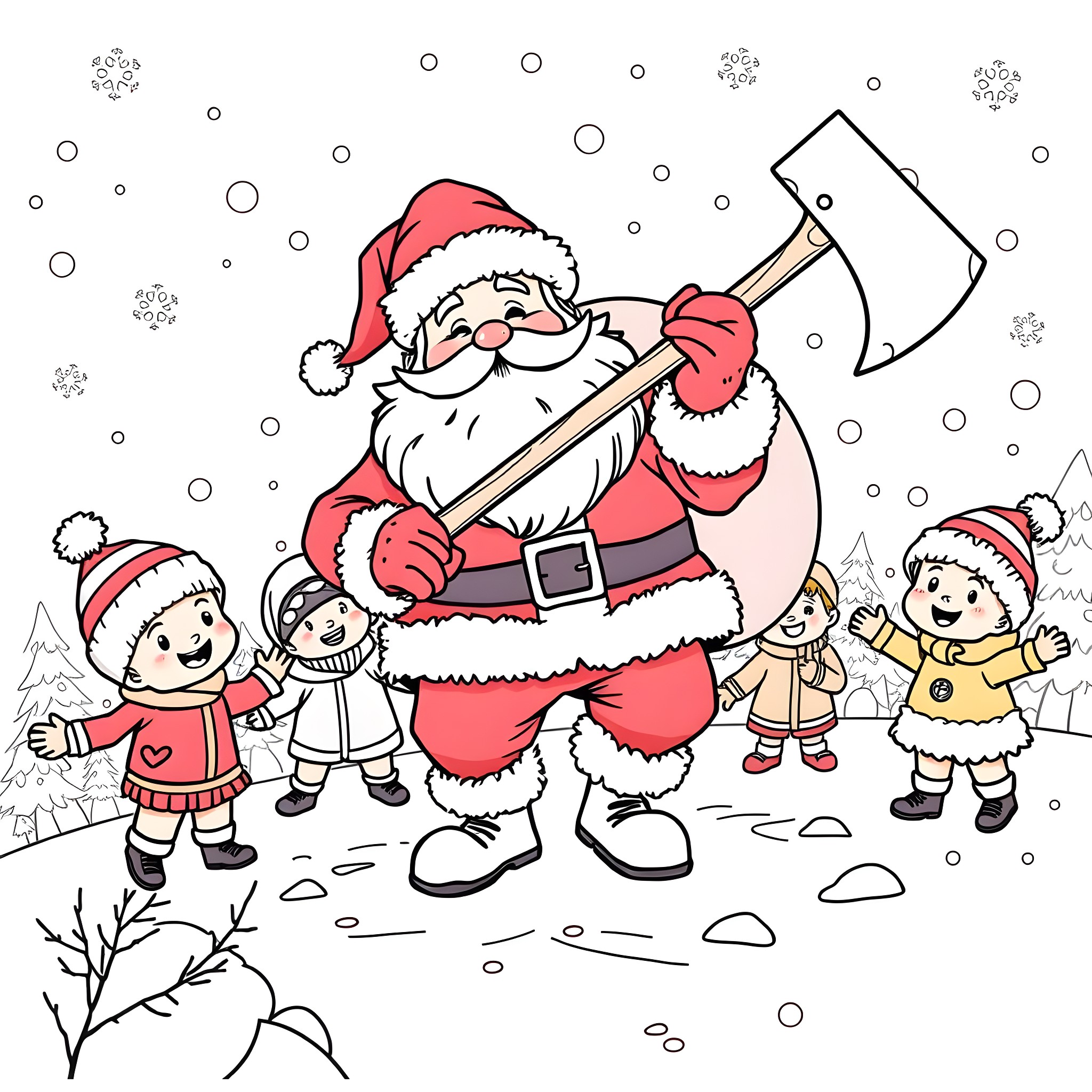 Santa Claus chopping wood with children in winter Coloring Page (free black-and-white line drawing printable PDF for all, from beginners to advanced learners, including children, teens, adults, and seniors)