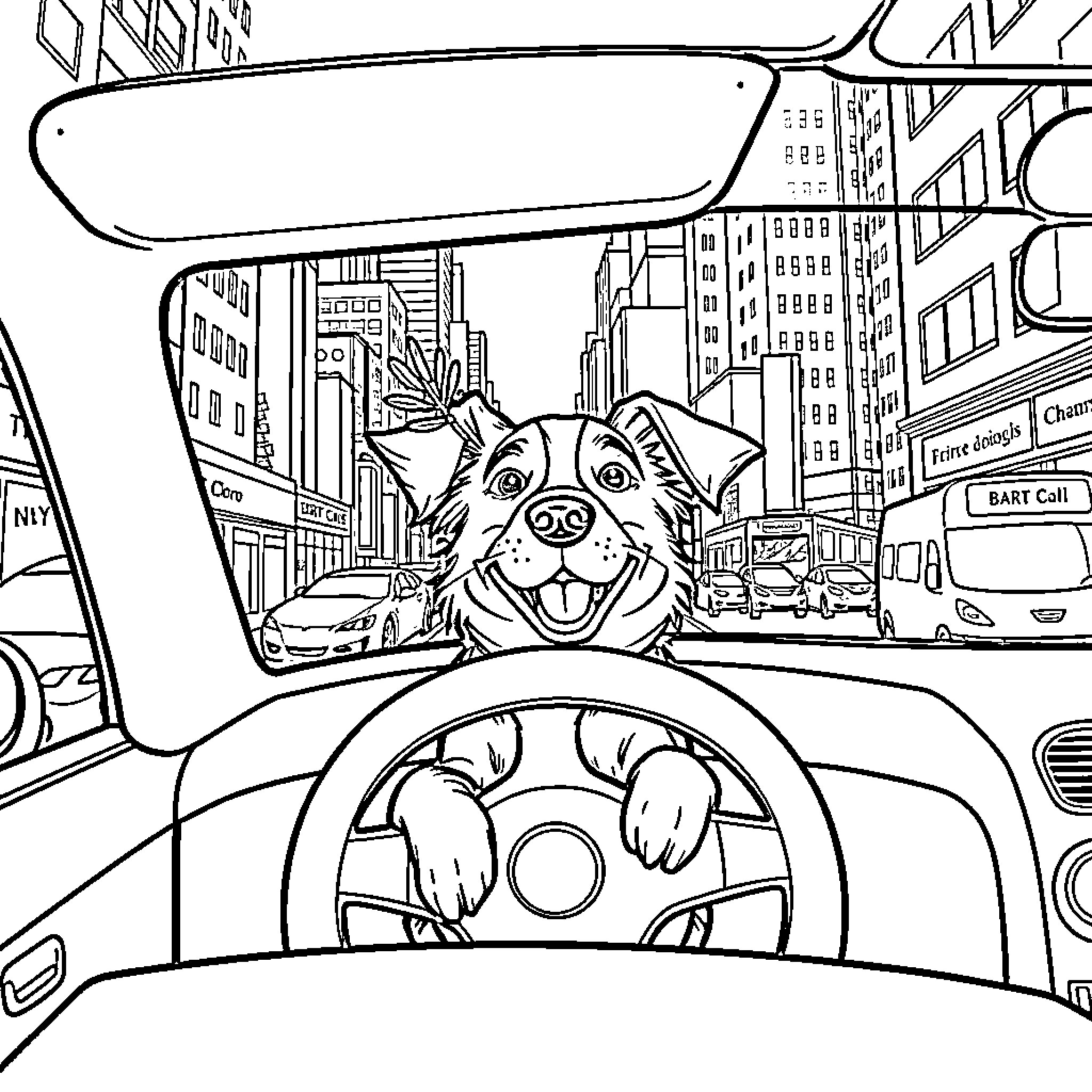 Dog Driving Through the City Streets Coloring Page (free black-and-white line drawing printable PDF for all, from beginners to advanced learners, including children, teens, adults, and seniors)