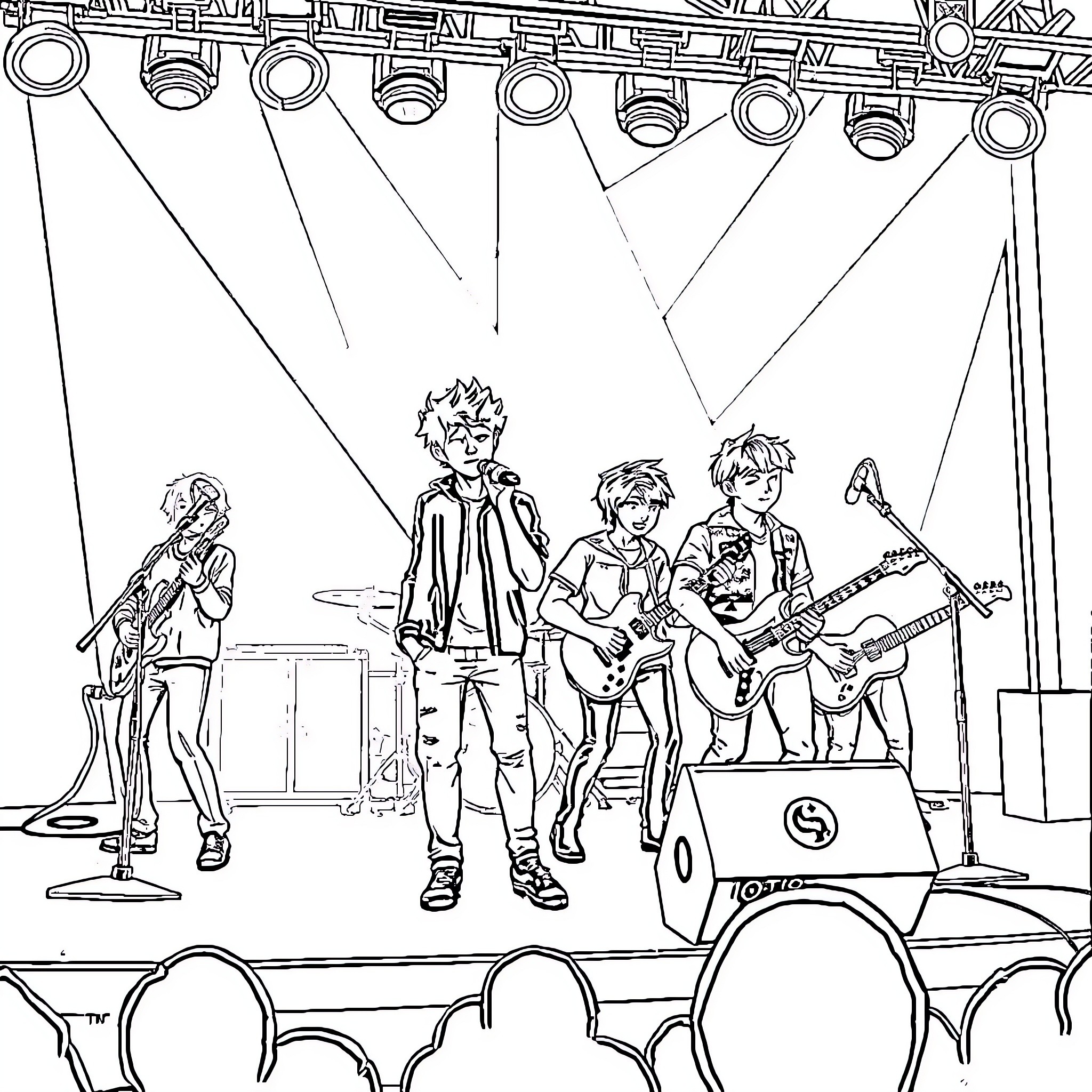 Stray Kids performing on stage with musical instruments Coloring Page (free black-and-white line drawing printable PDF for all, from beginners to advanced learners, including children, teens, adults, and seniors)