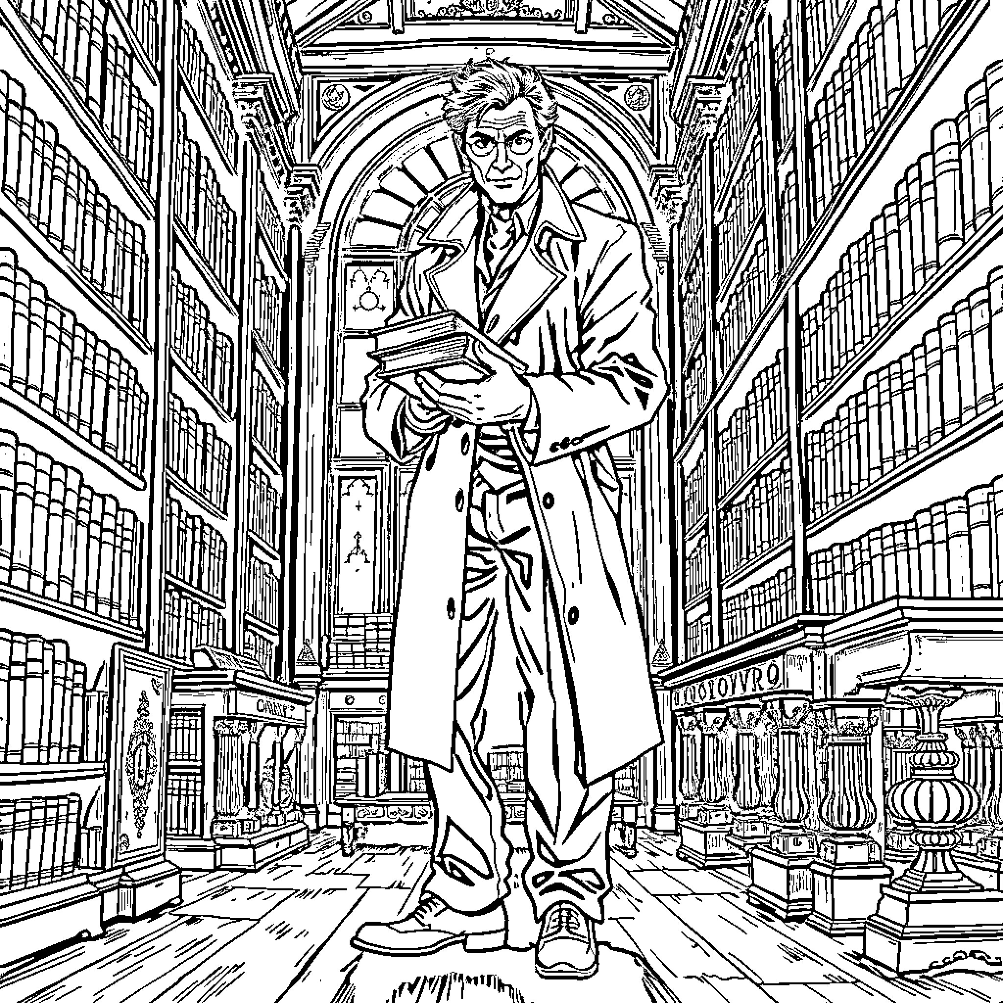 Scholar in a Majestic Library Coloring Page (free black-and-white line drawing printable PDF for all, from beginners to advanced learners, including children, teens, adults, and seniors)