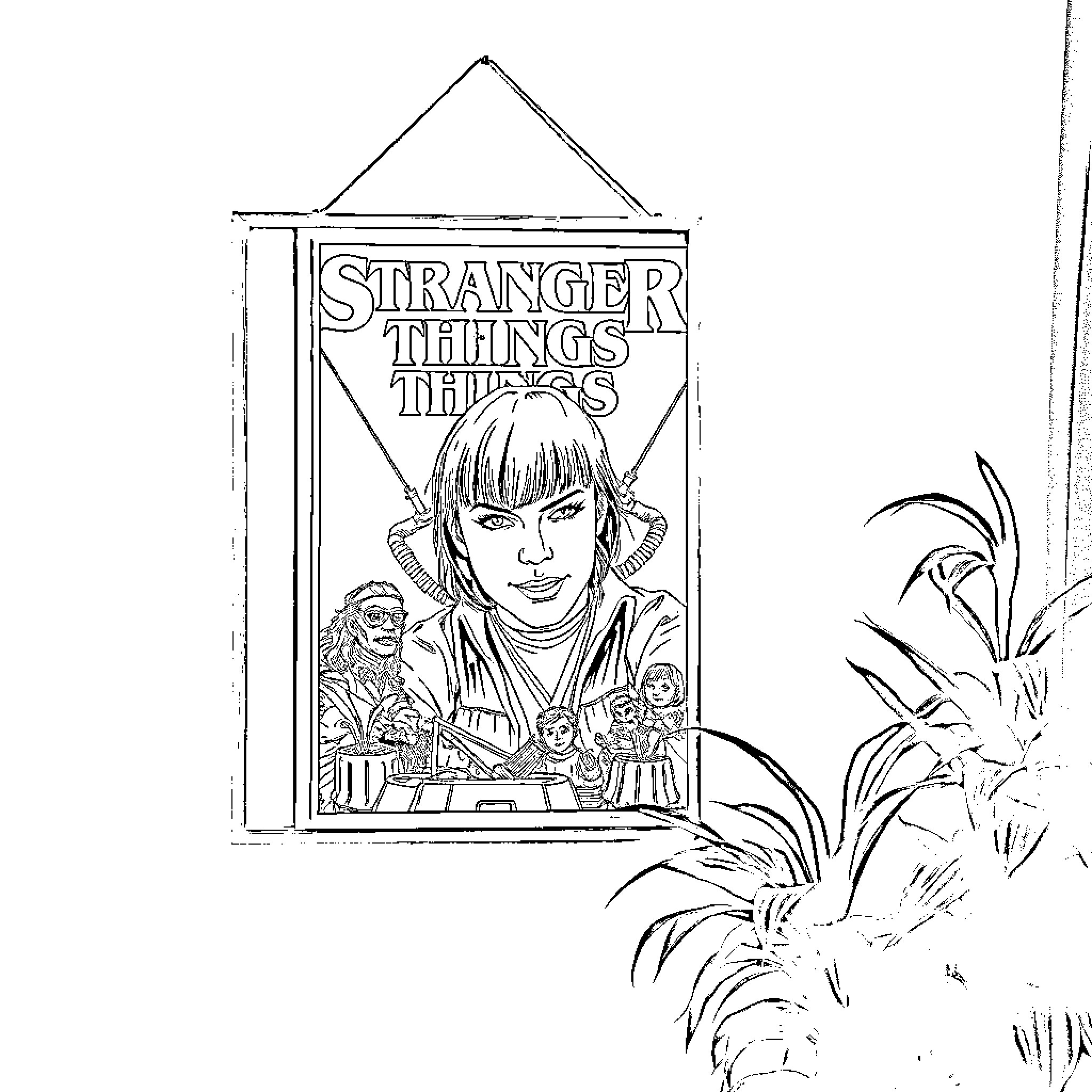 Stranger Things characters posing on a poster Coloring Page (free black-and-white line drawing printable PDF for all, from beginners to advanced learners, including children, teens, adults, and seniors)