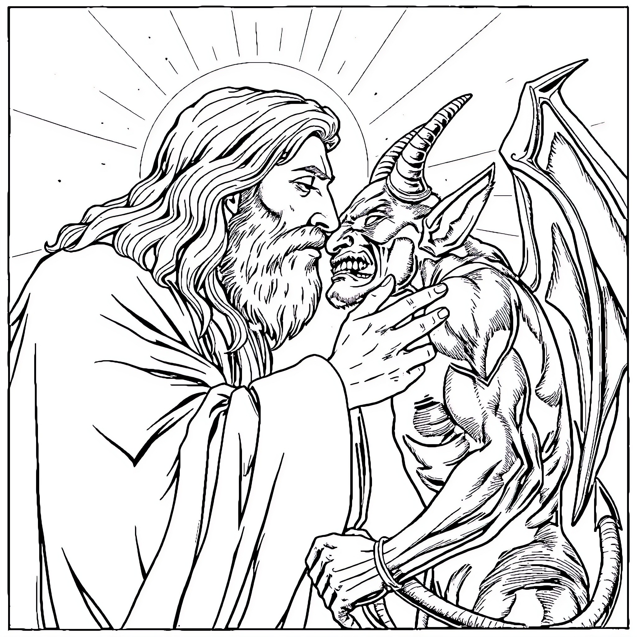 God Battling Mythical Creature in Dramatic Scene Coloring Page (free black-and-white line drawing printable PDF for all, from beginners to advanced learners, including children, teens, adults, and seniors)