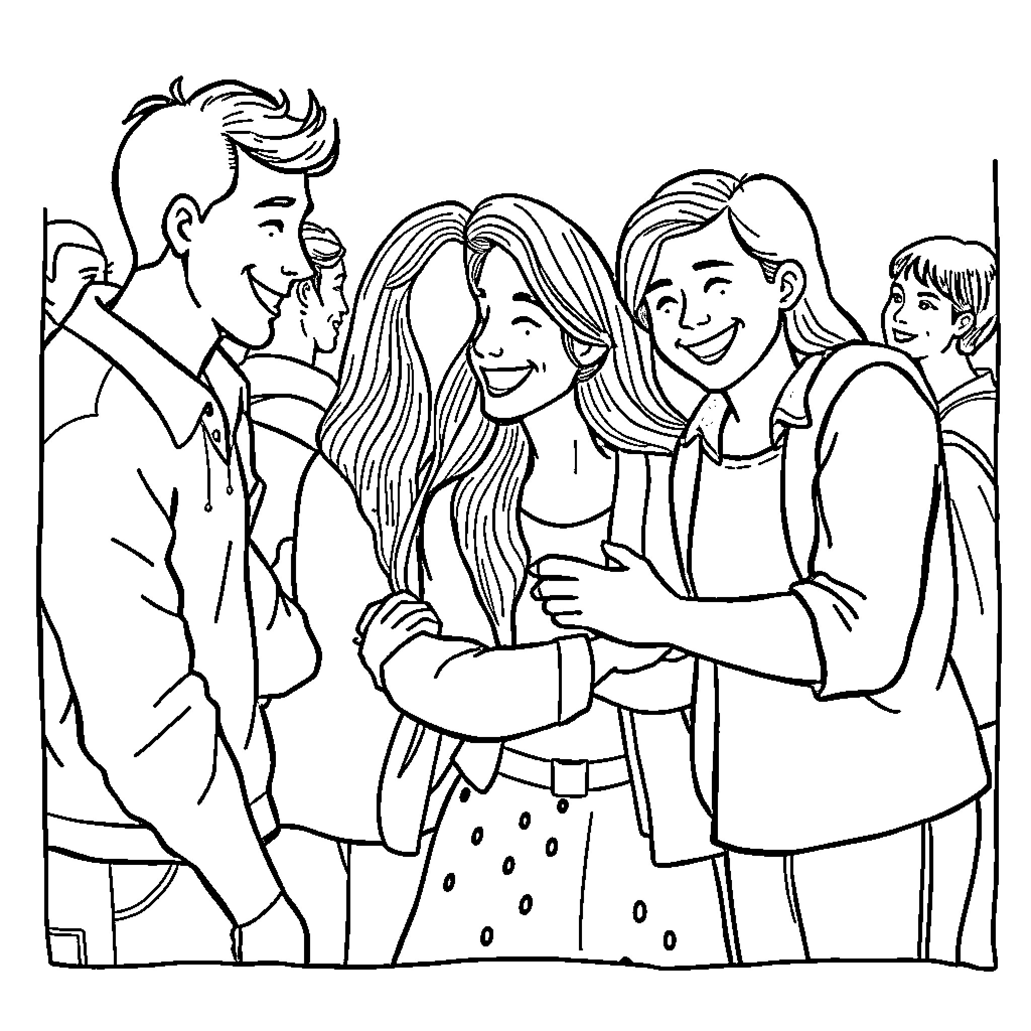 Kindness among friends embracing happily Coloring Page (free black-and-white line drawing printable PDF for all, from beginners to advanced learners, including children, teens, adults, and seniors)