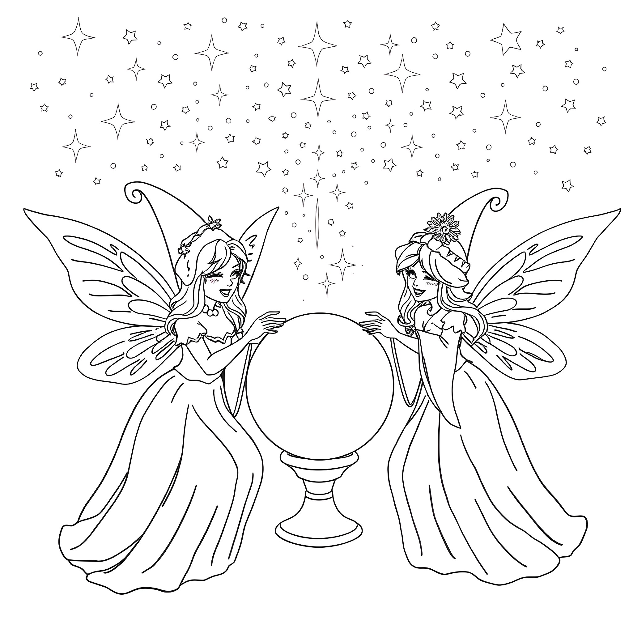 Fairy Godmothers Guiding Crystal Ball Amidst Sparkling Stars Coloring Page (free black-and-white line drawing printable PDF for all, from beginners to advanced learners, including children, teens, adults, and seniors)