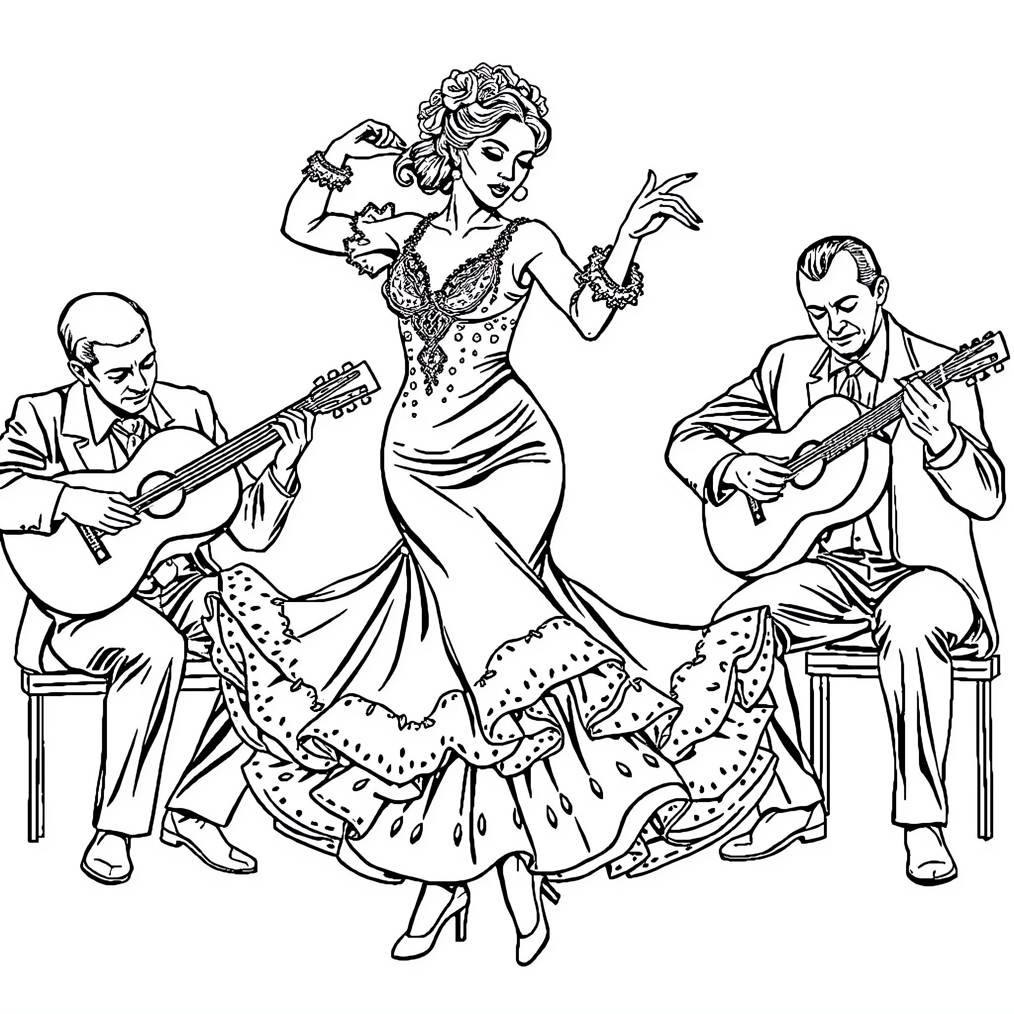 Flamenco Dancer Gracefully Performing with Musicians Coloring Page (free black-and-white line drawing printable PDF for all, from beginners to advanced learners, including children, teens, adults, and seniors)