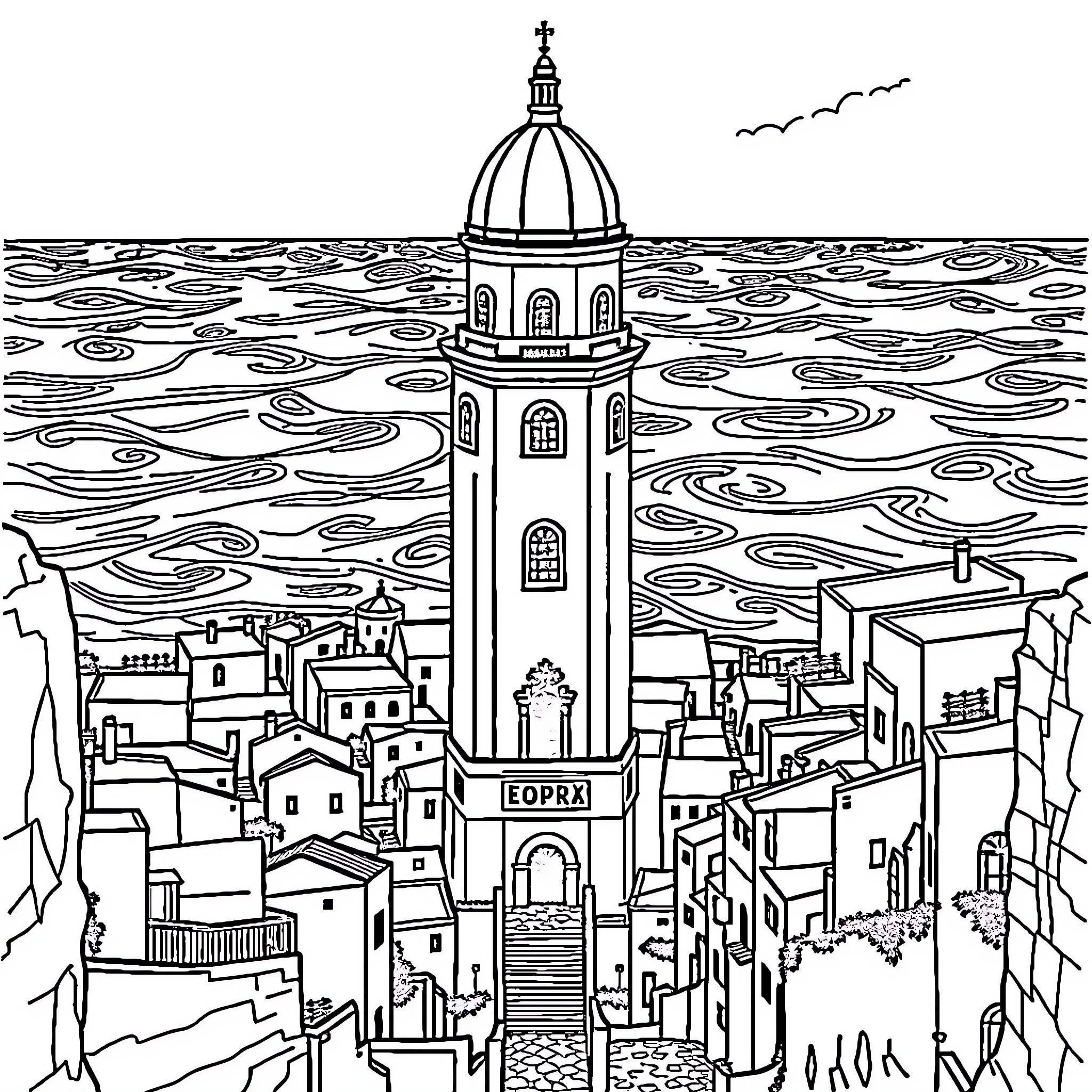 Building with Iconic Dome in Waterside City Coloring Page (free black-and-white line drawing printable PDF for all, from beginners to advanced learners, including children, teens, adults, and seniors)