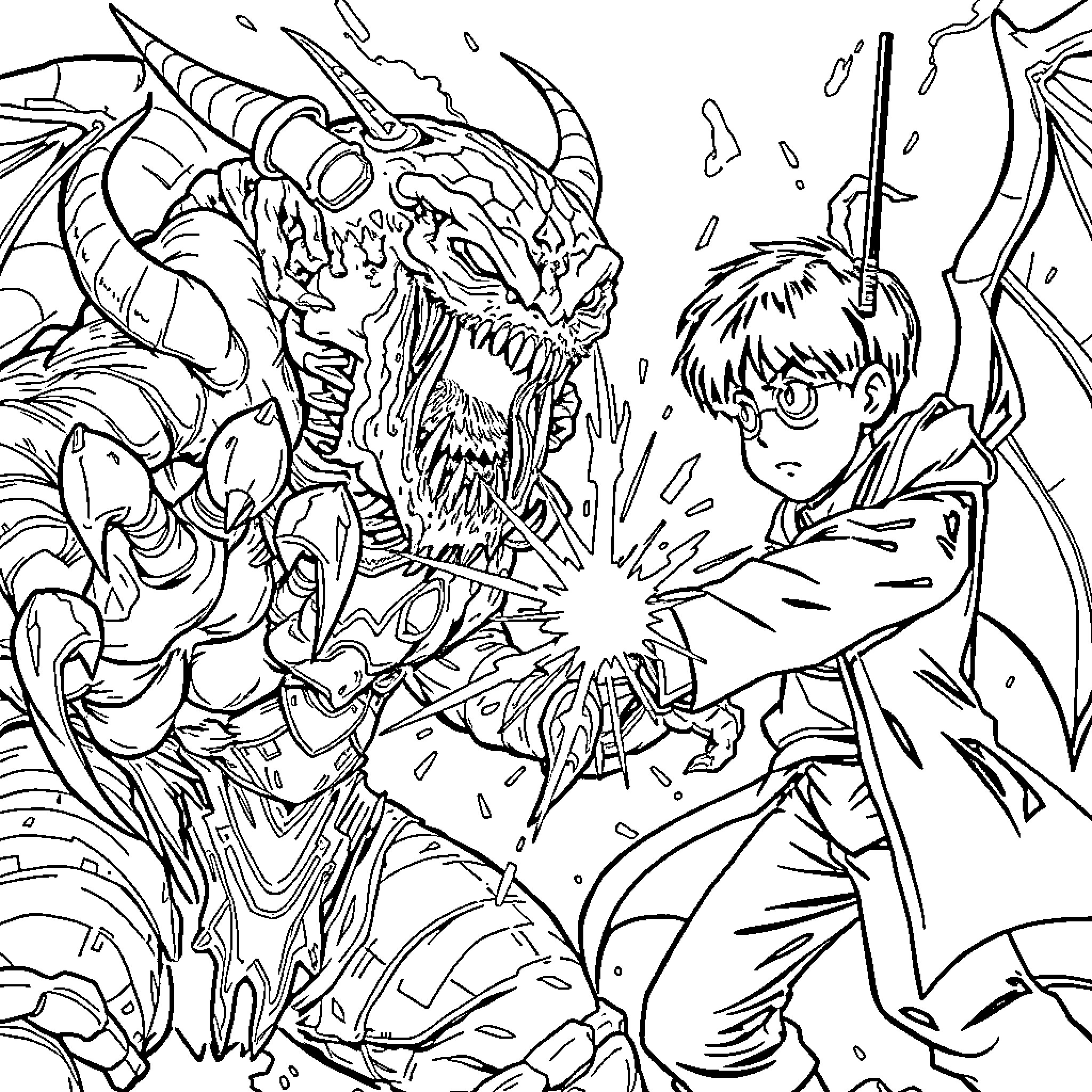 Genestealer confrontation with a young hero Coloring Page (free black-and-white line drawing printable PDF for all, from beginners to advanced learners, including children, teens, adults, and seniors)