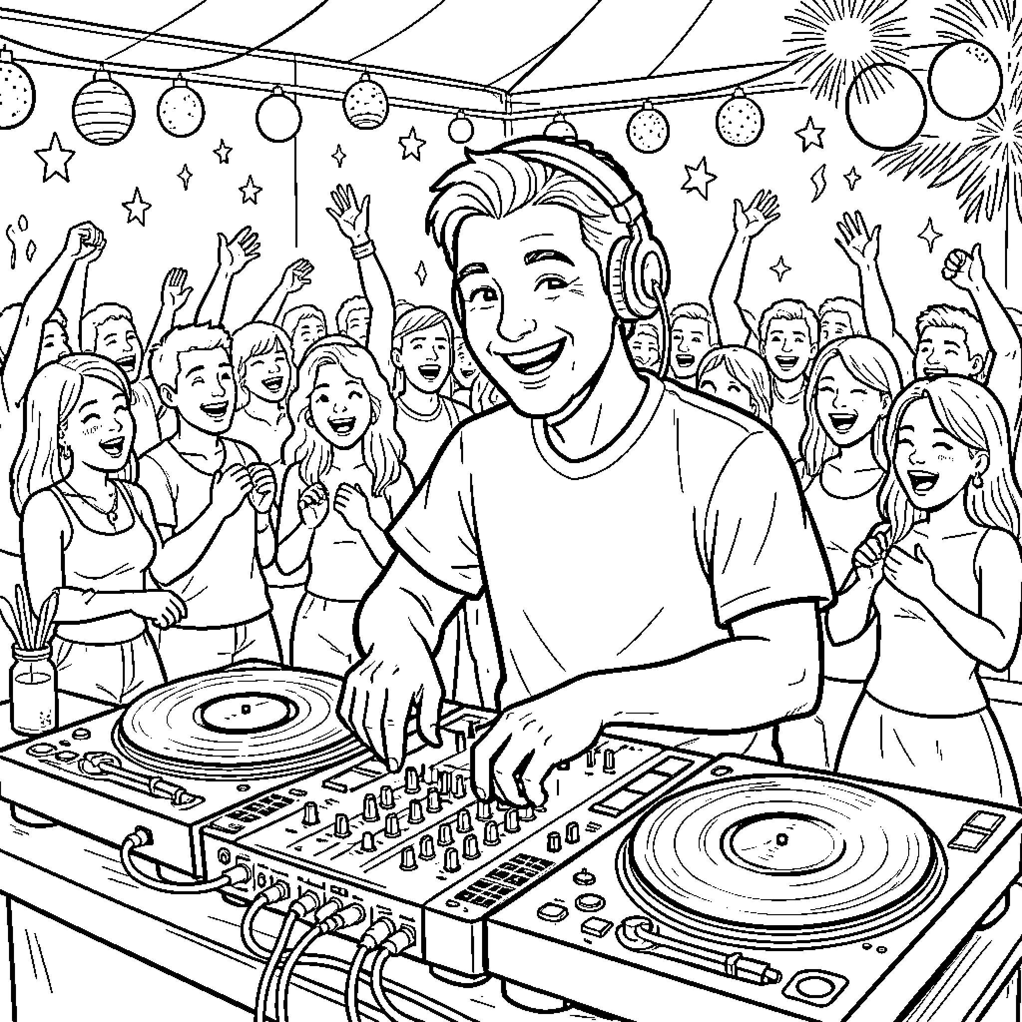 DJ Mixing Tunes for Lively Party with Crowd Coloring Page (free black-and-white line drawing printable PDF for all, from beginners to advanced learners, including children, teens, adults, and seniors)