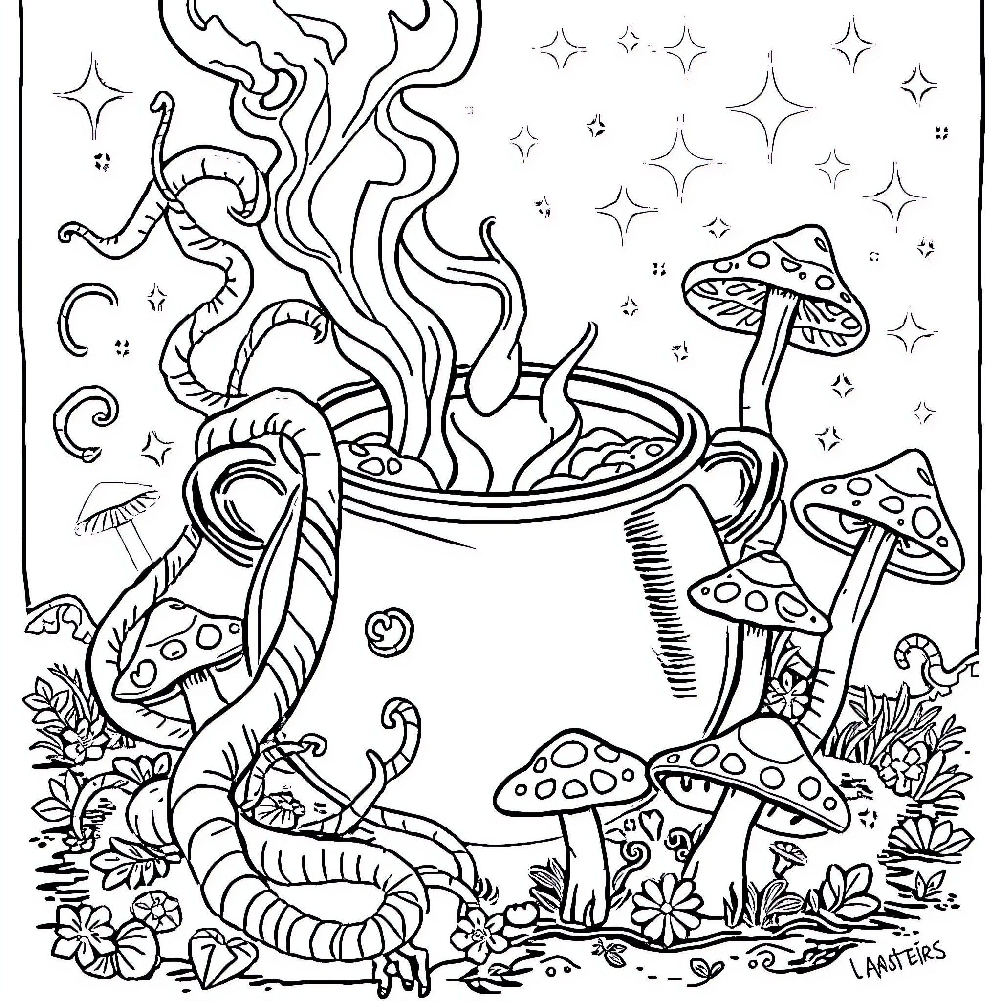 Cauldron of Enchanting Creatures Coloring Page (free black-and-white line drawing printable PDF for all, from beginners to advanced learners, including children, teens, adults, and seniors)
