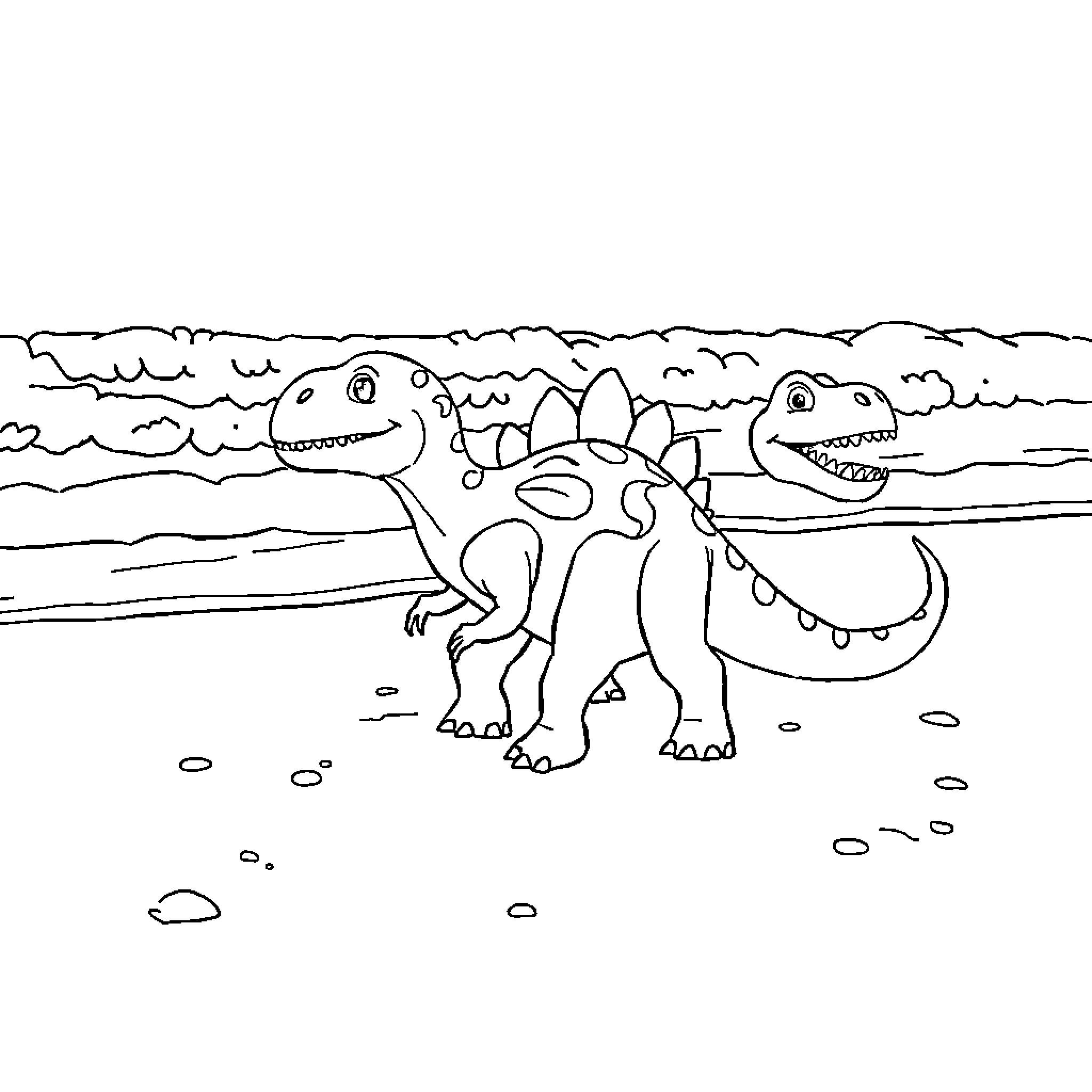 Dino duo having a playful adventure Coloring Page (free black-and-white line drawing printable PDF for all, from beginners to advanced learners, including children, teens, adults, and seniors)