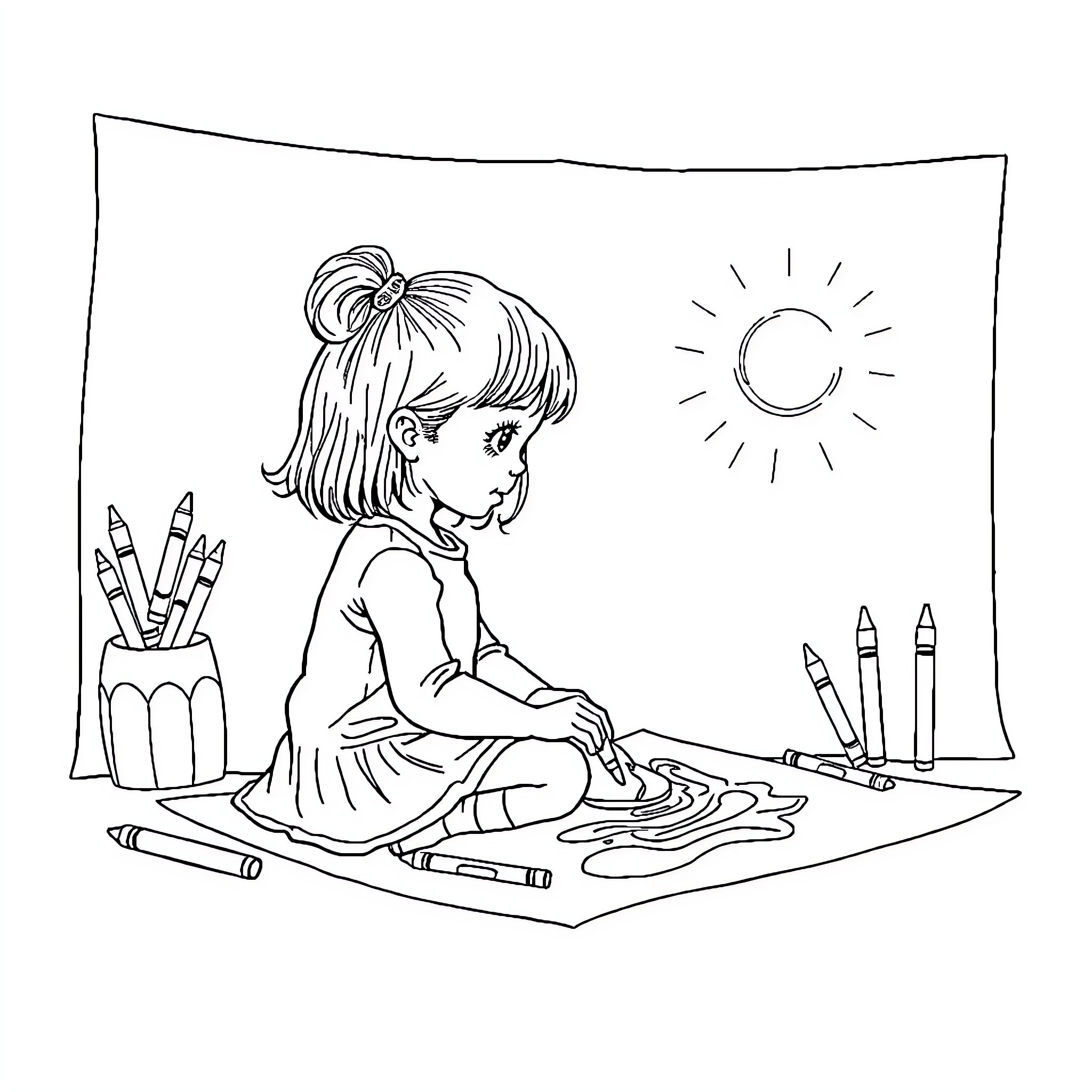 Girl creating art in the sun Coloring Page (free black-and-white line drawing printable PDF for all, from beginners to advanced learners, including children, teens, adults, and seniors)