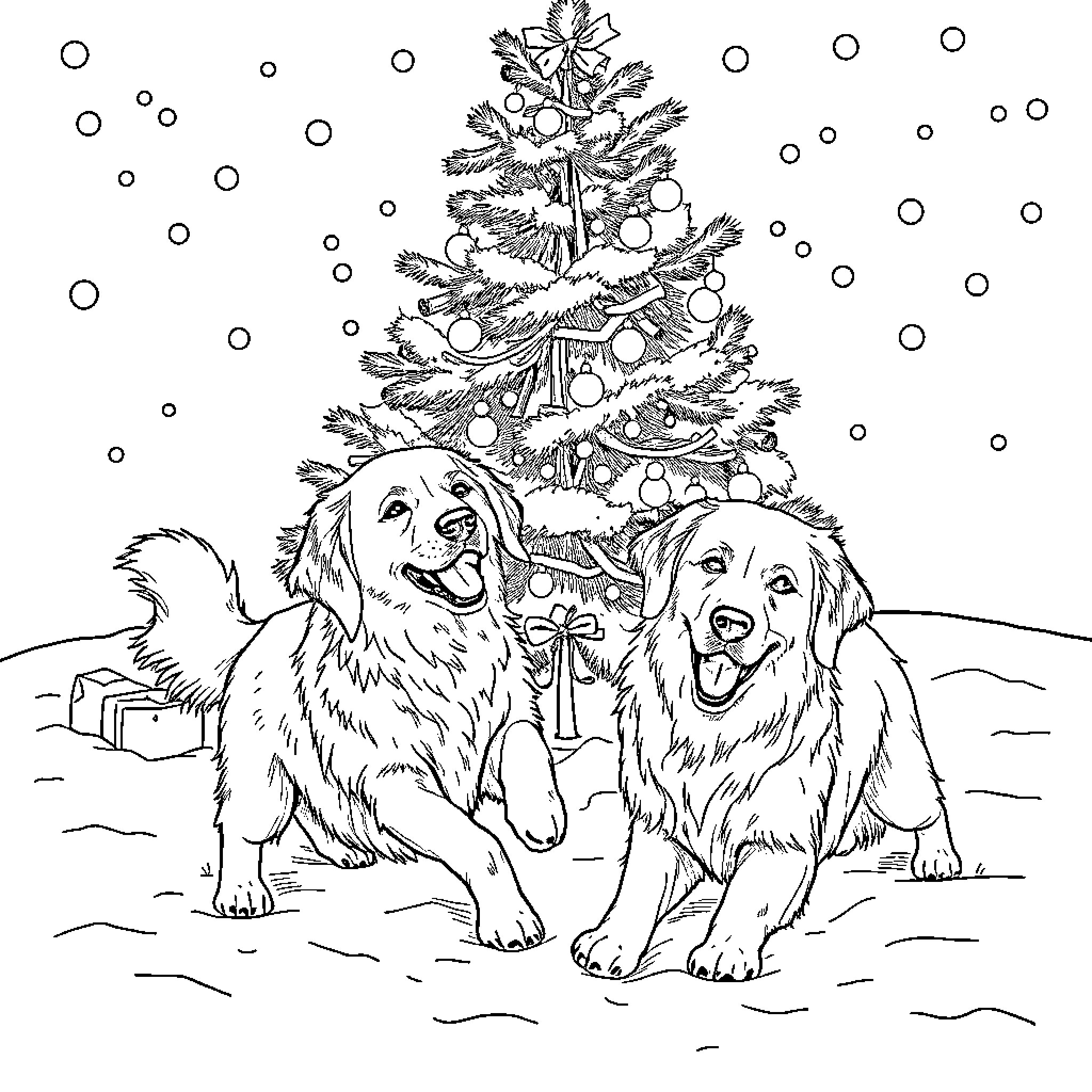 Golden Retrievers Enjoying a Christmas Tree Coloring Page (free black-and-white line drawing printable PDF for all, from beginners to advanced learners, including children, teens, adults, and seniors)