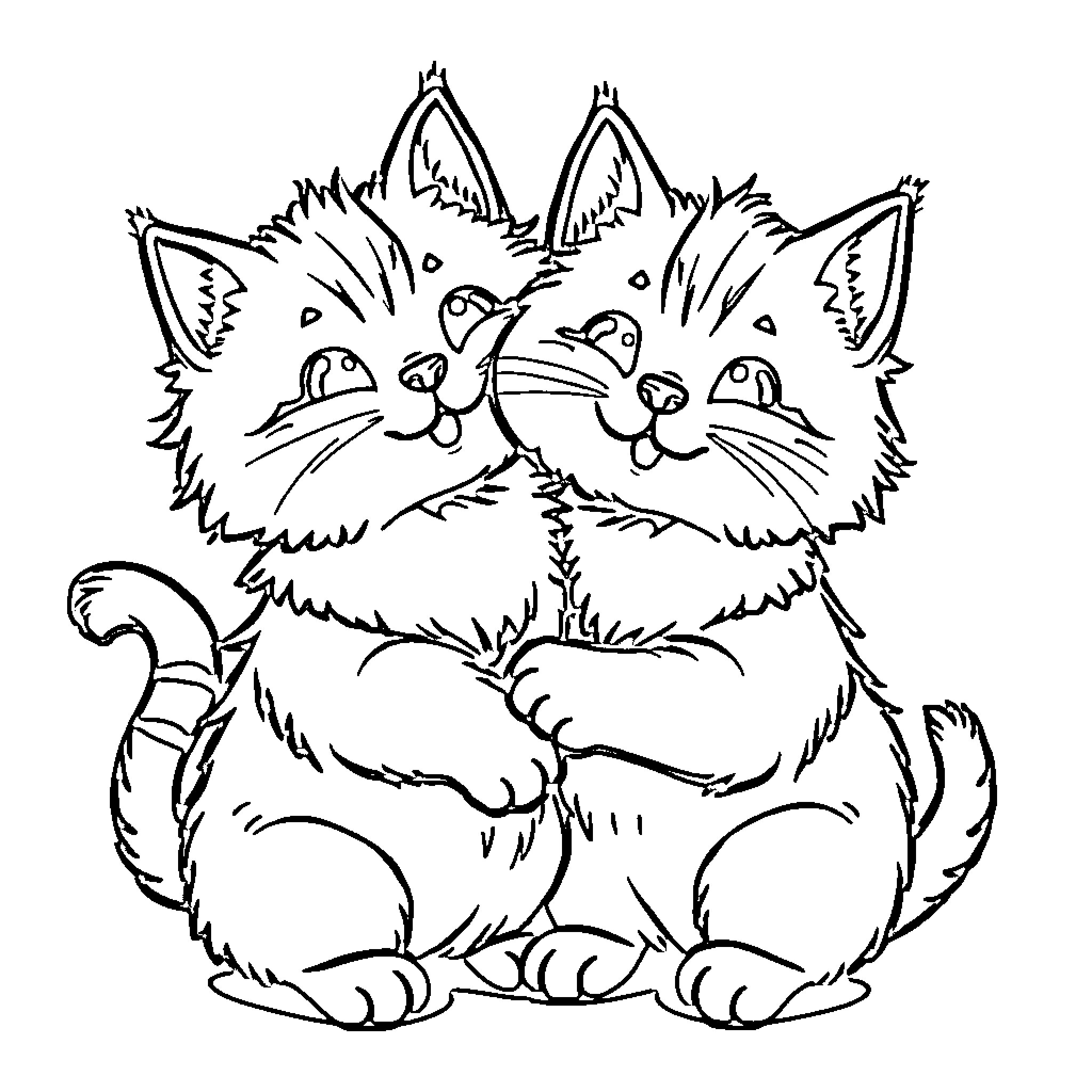 Cats in Playful Pose Coloring Page (free black-and-white line drawing printable PDF for all, from beginners to advanced learners, including children, teens, adults, and seniors)