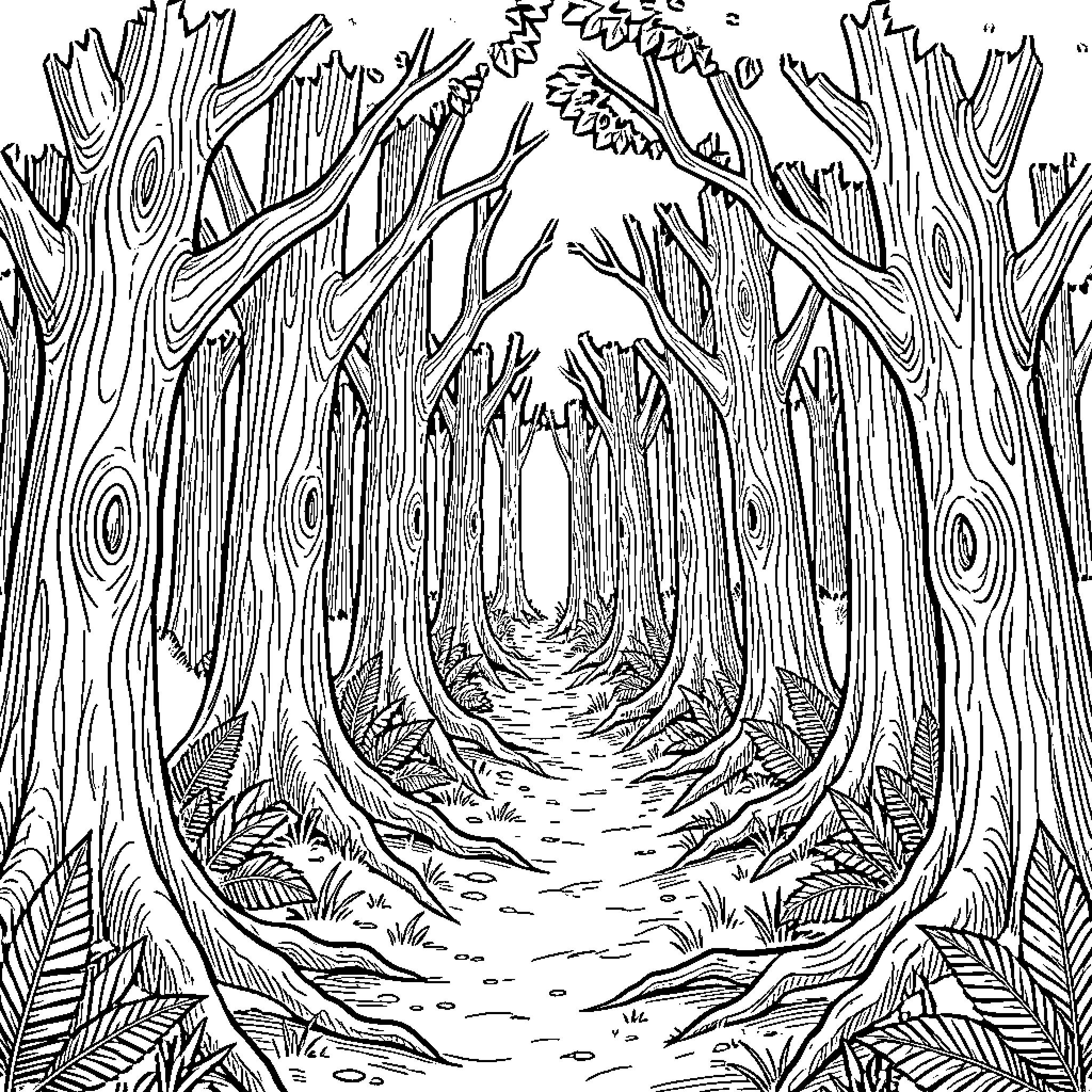 Forest trees standing tall along a narrow path Coloring Page (free black-and-white line drawing printable PDF for all, from beginners to advanced learners, including children, teens, adults, and seniors)